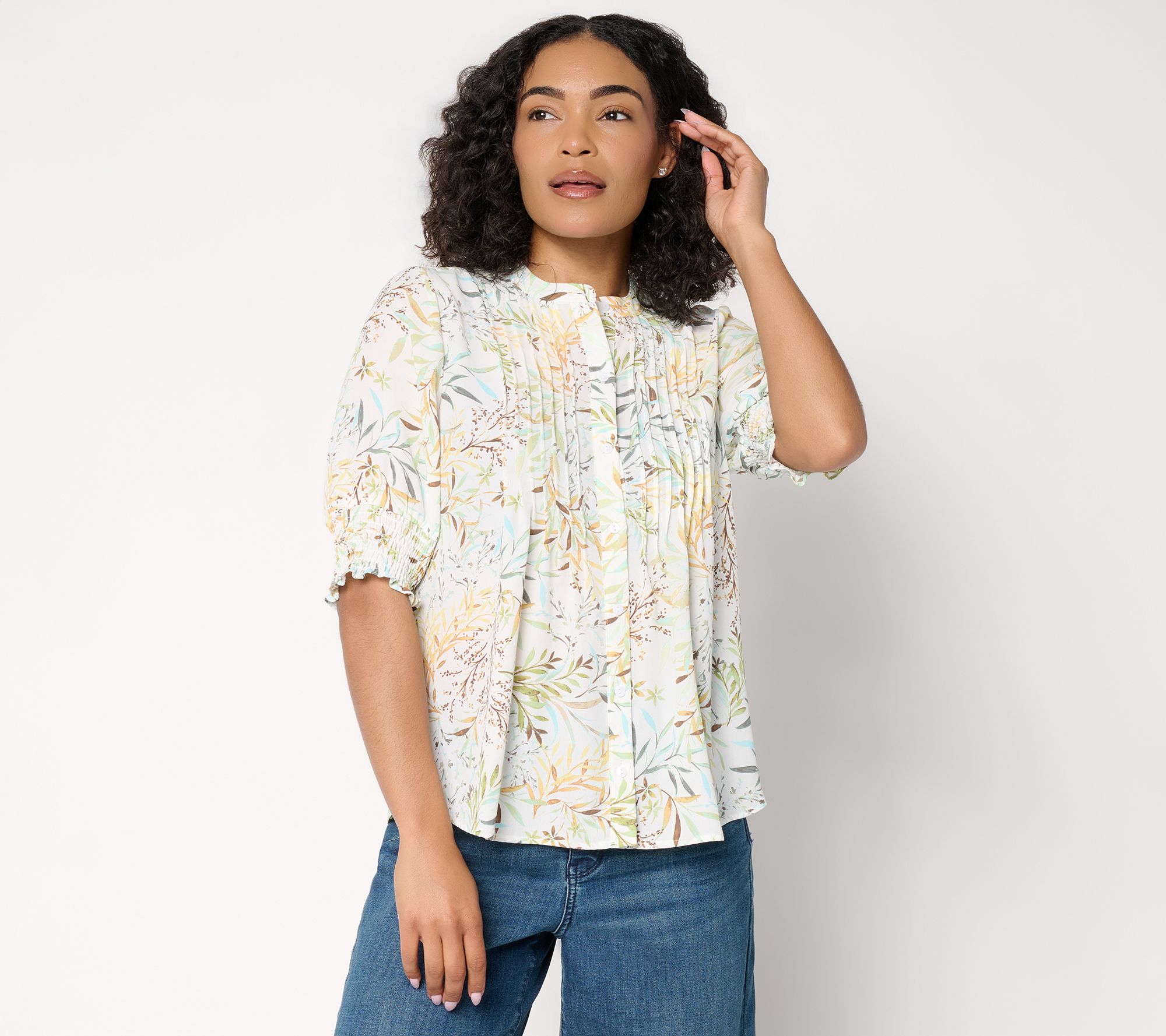 NYDJ Pleated Short-Sleeve Printed Blouse