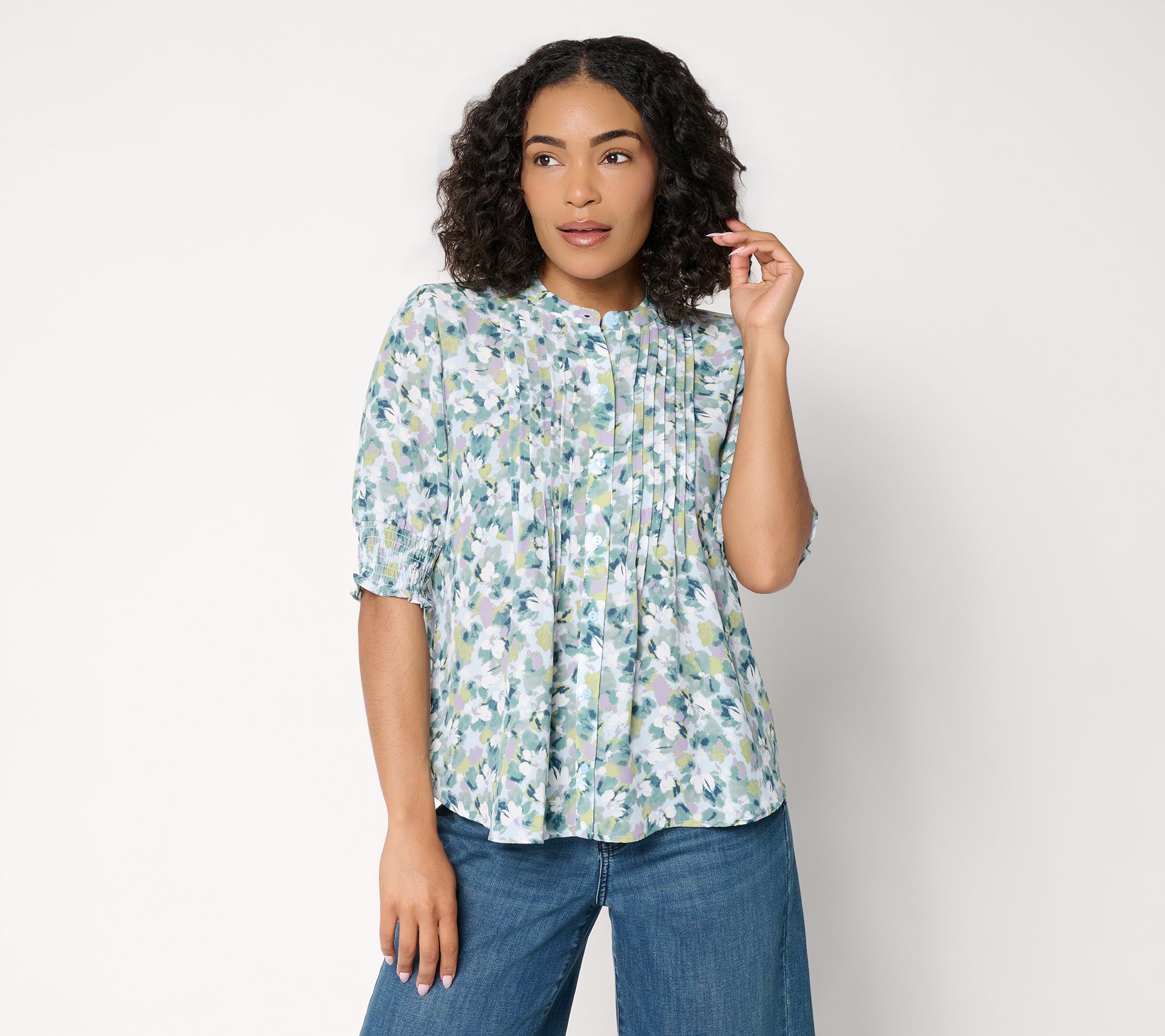NYDJ Pleated Short-Sleeve Printed Blouse