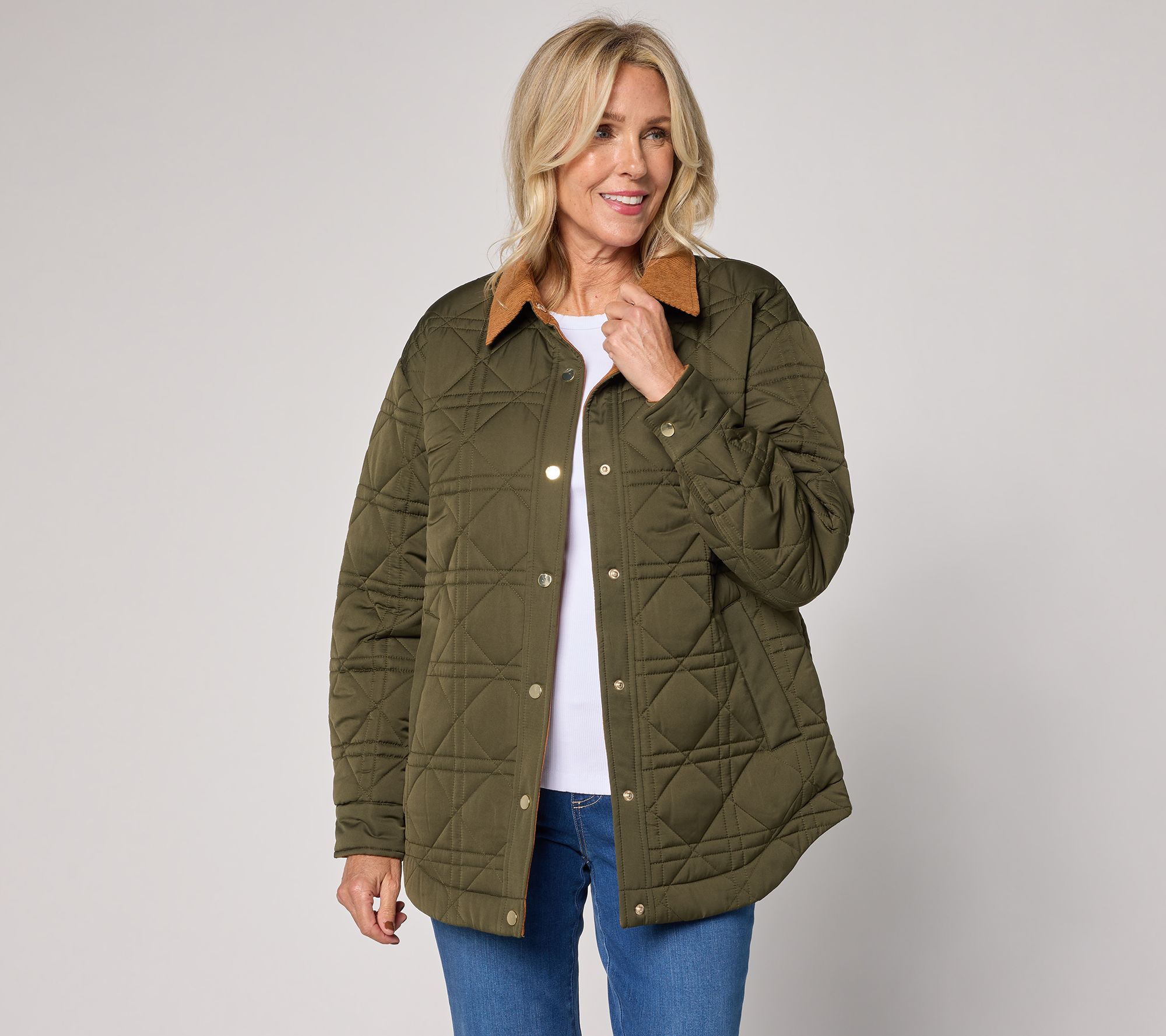 "As Is" Belle by Kim Gravel Corduroy Collar Snap Front Quilted Jacket