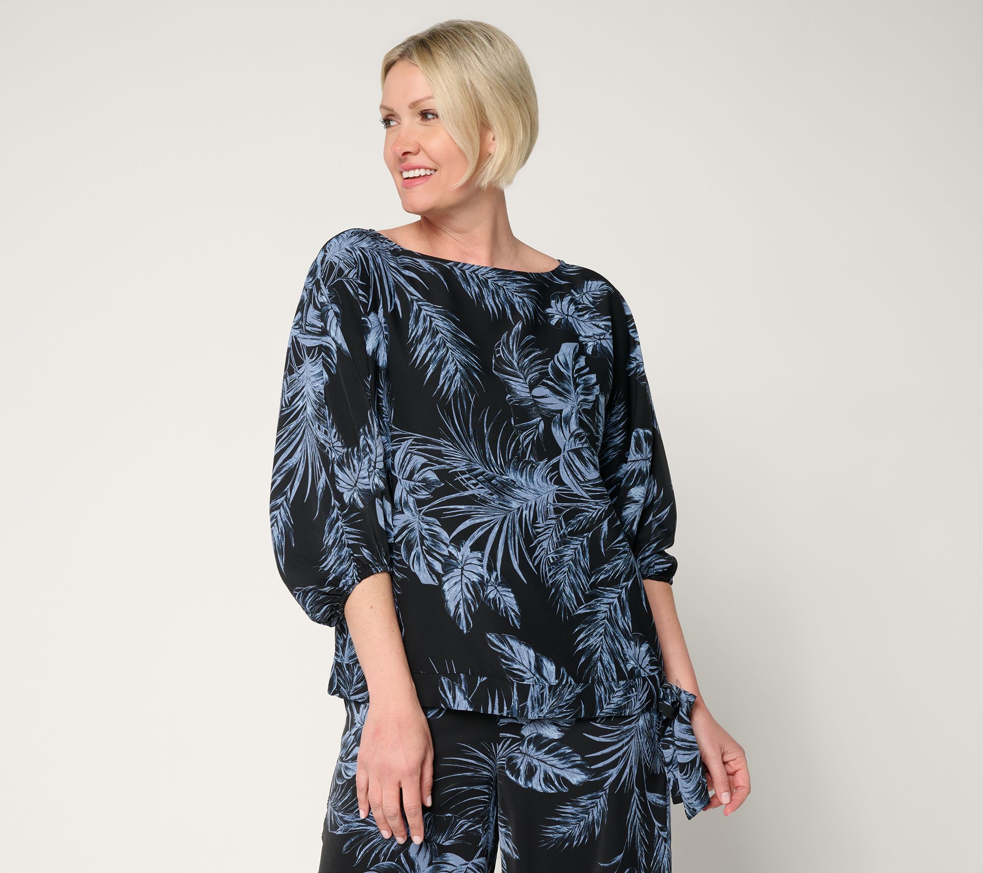 BEAUTIFUL by Lawrence Zarian Printed Boat Neck Waist Tie Top