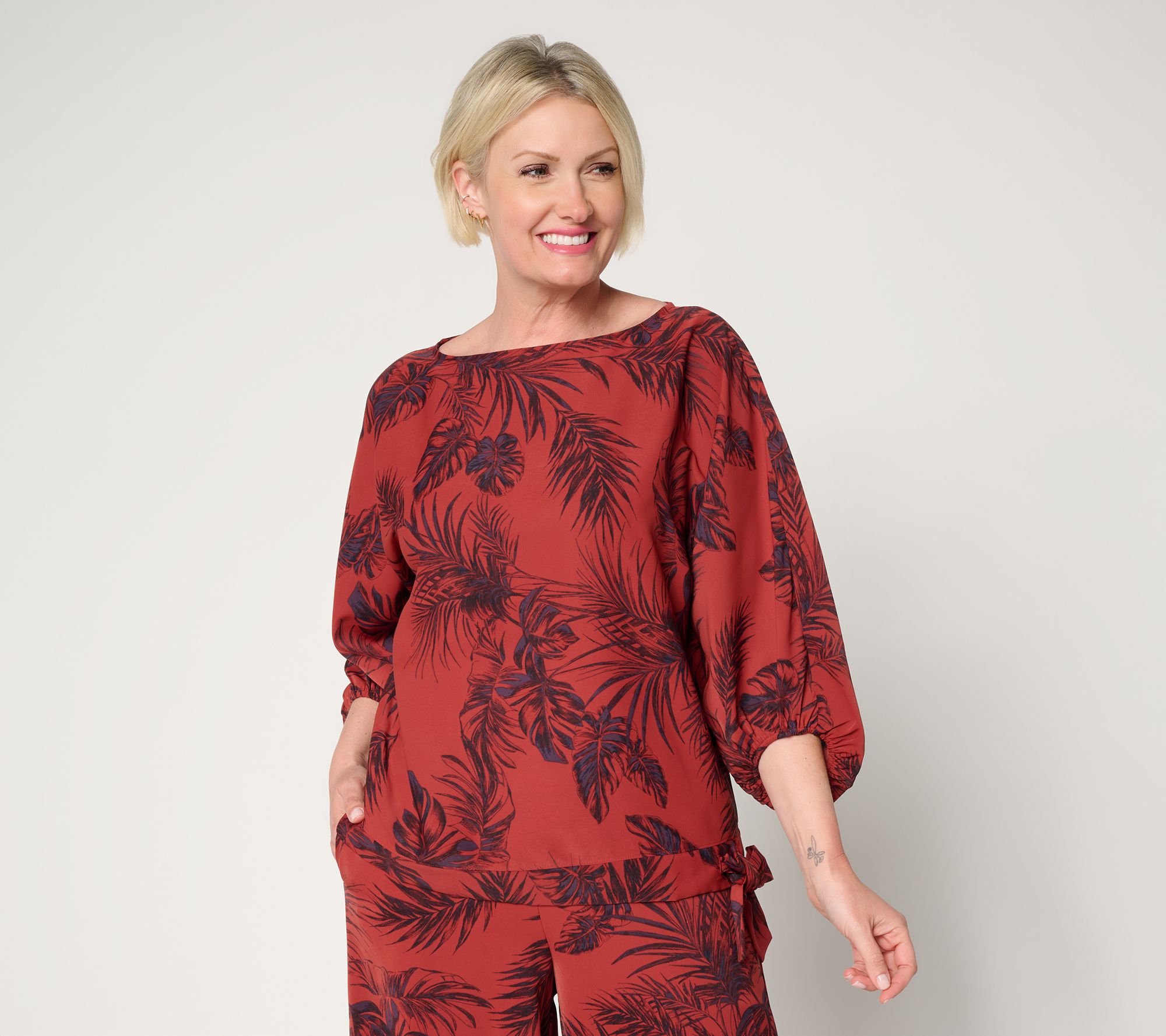 BEAUTIFUL by Lawrence Zarian Printed Boat Neck Waist Tie Top