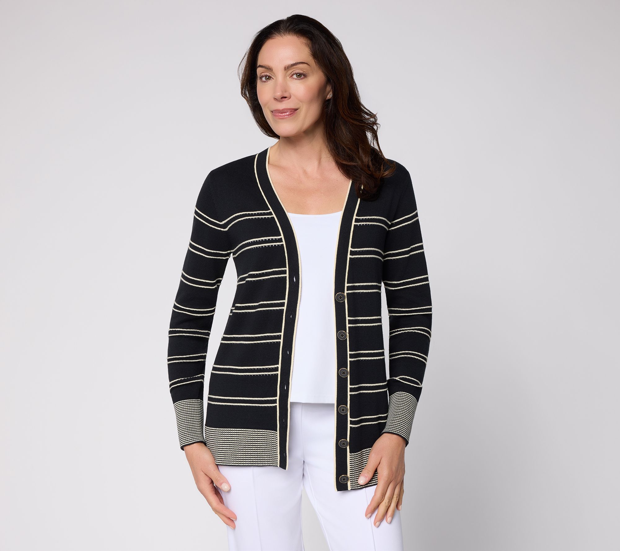  Susan Graver Novelty Stitch Button Front Long Sleeve Cardigan