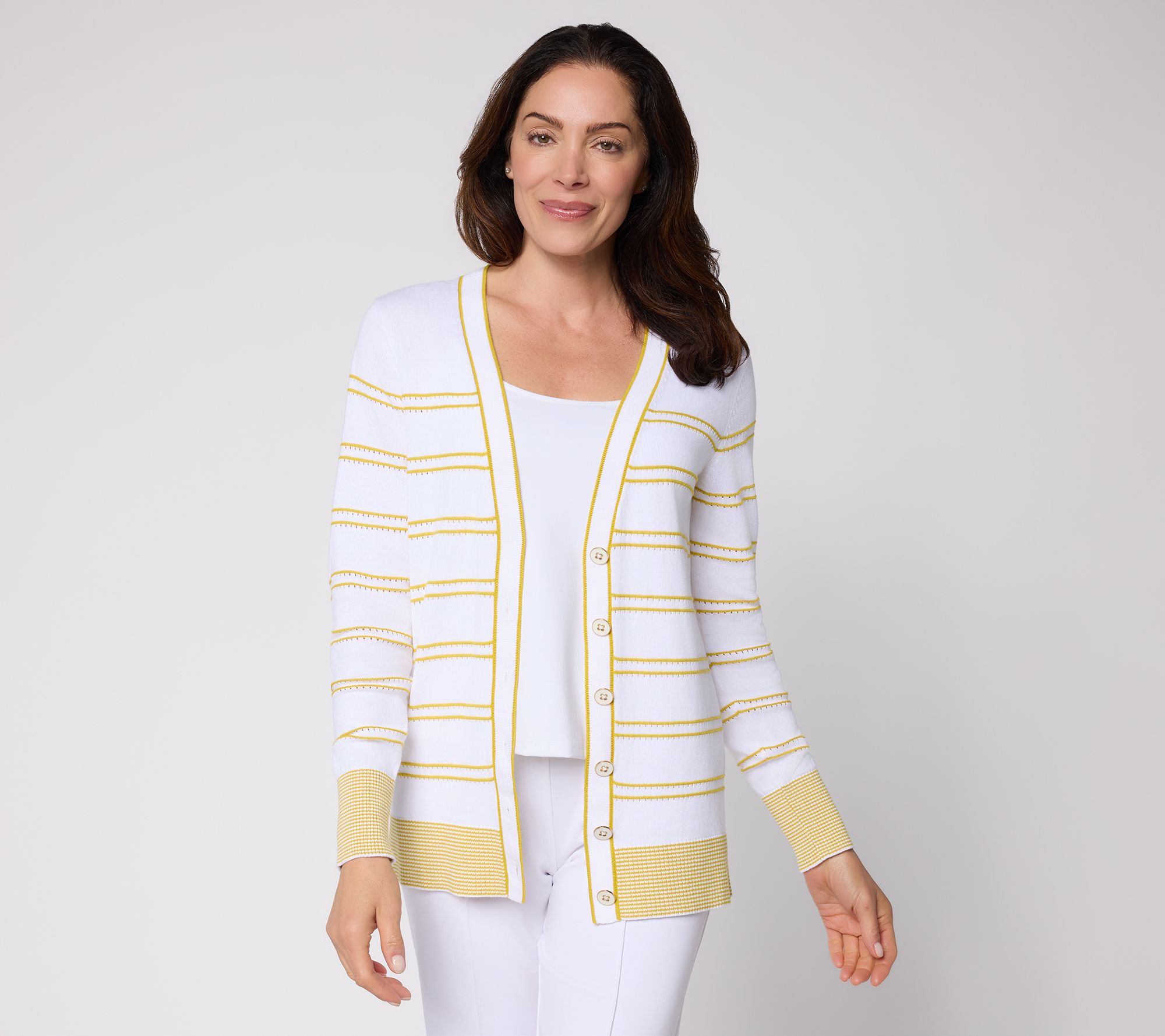 Susan Graver Novelty Stitch Button Front Long Sleeve Cardigan