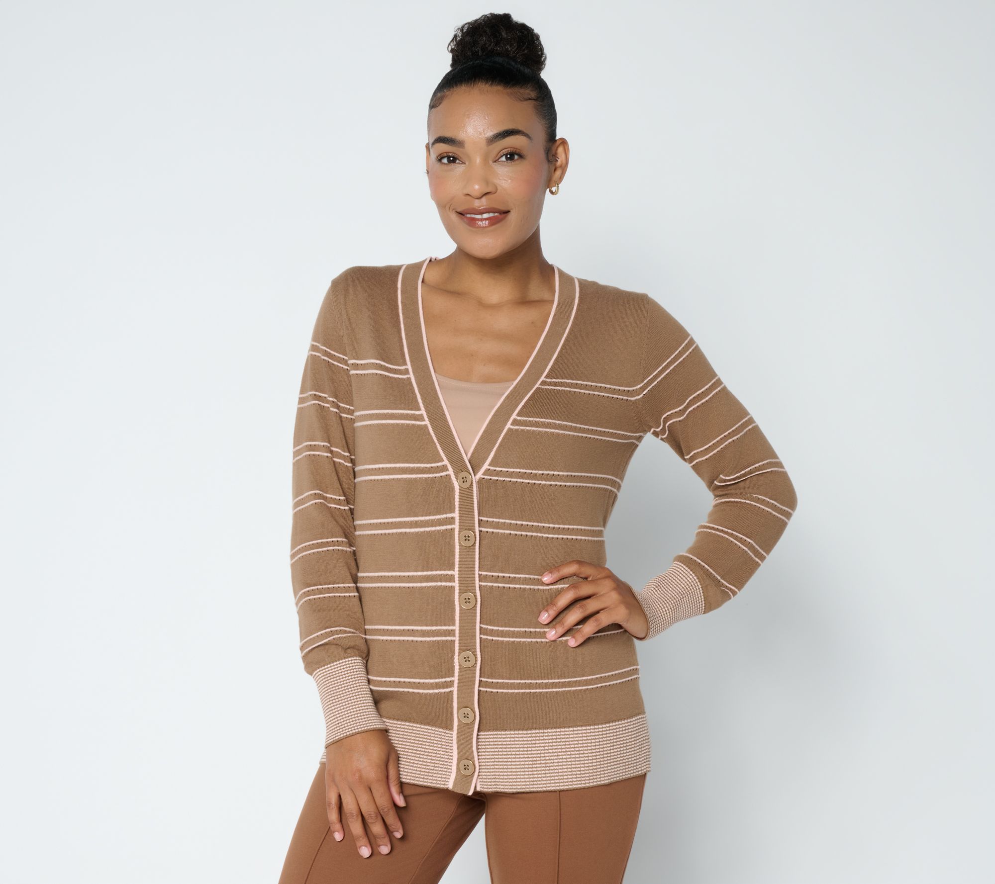 Susan Graver Novelty Stitch Button Front Long Sleeve Cardigan