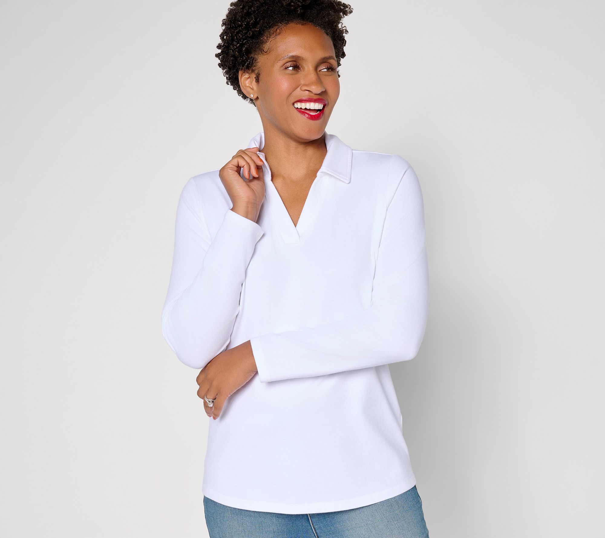 "As Is" Denim & Co. Essentials Perfect Jersey Collared Long Sleeve Top