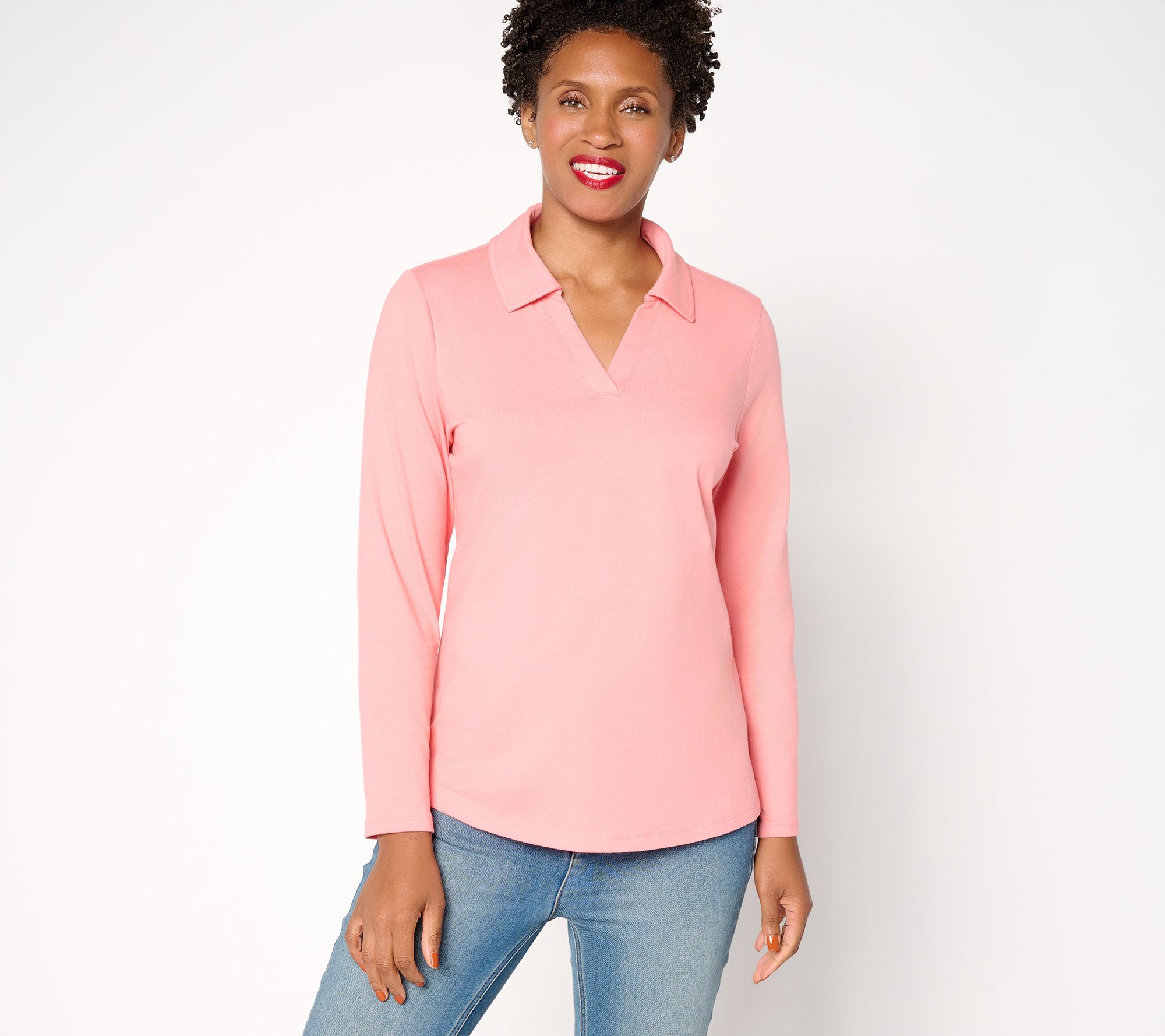 "As Is" Denim & Co. Essentials Perfect Jersey Collared Long Sleeve Top