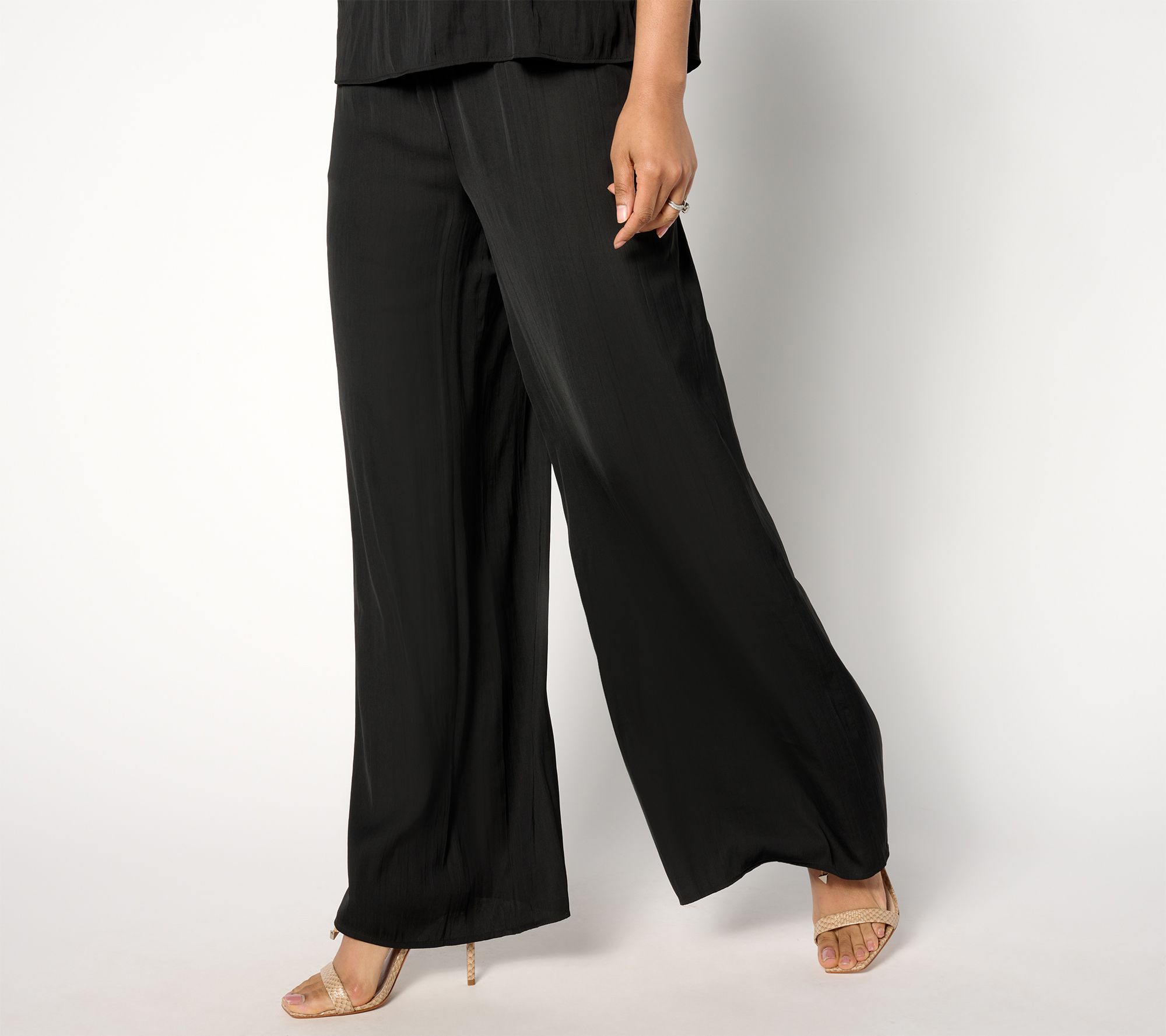 "As Is" Isaac Mizrahi Live! Tall Crinkle Satin Flowy Wide Leg Pants