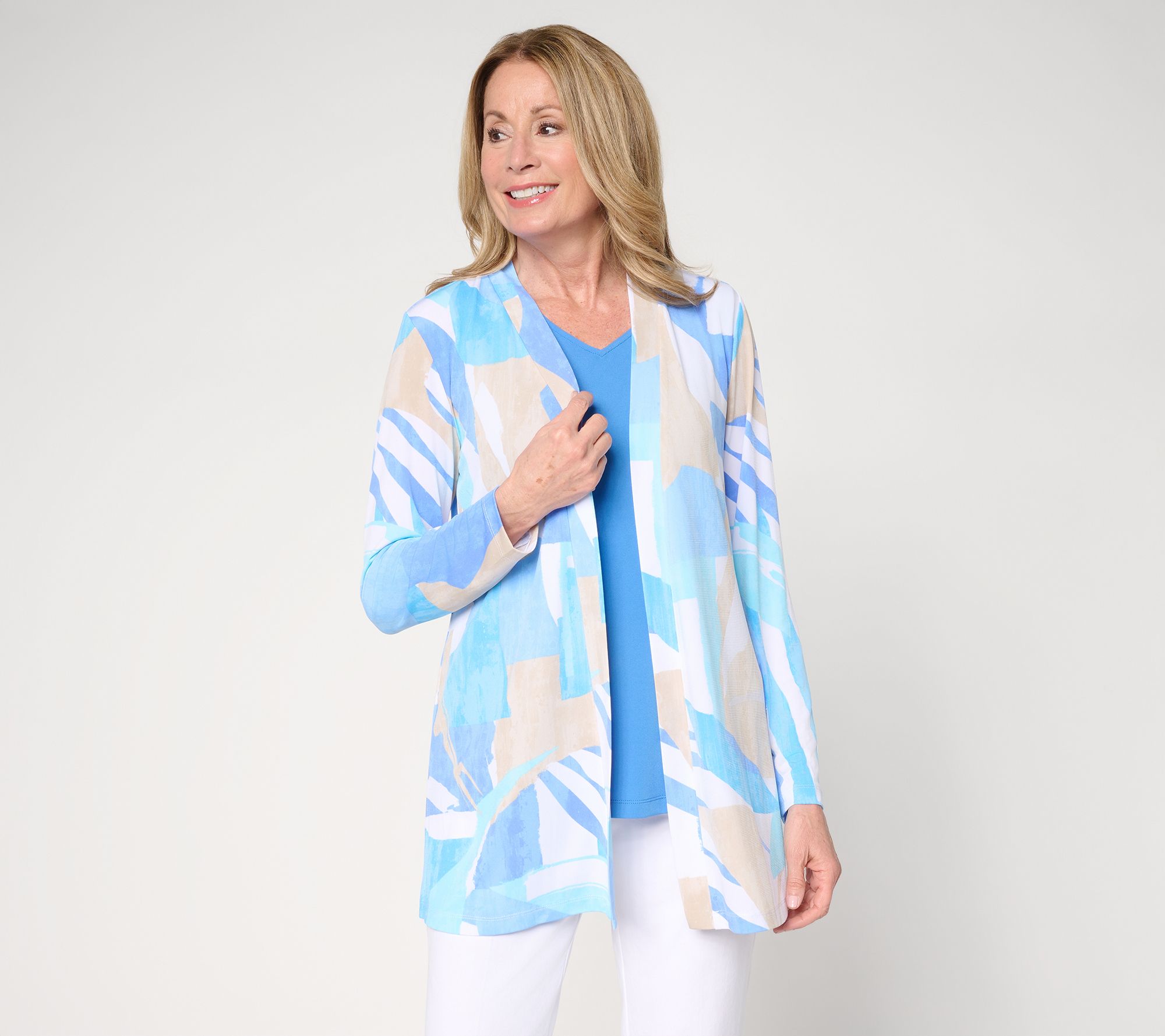  "As Is" Susan Graver Petite Printed Liquid Knit Cardigan Solid Tank Set