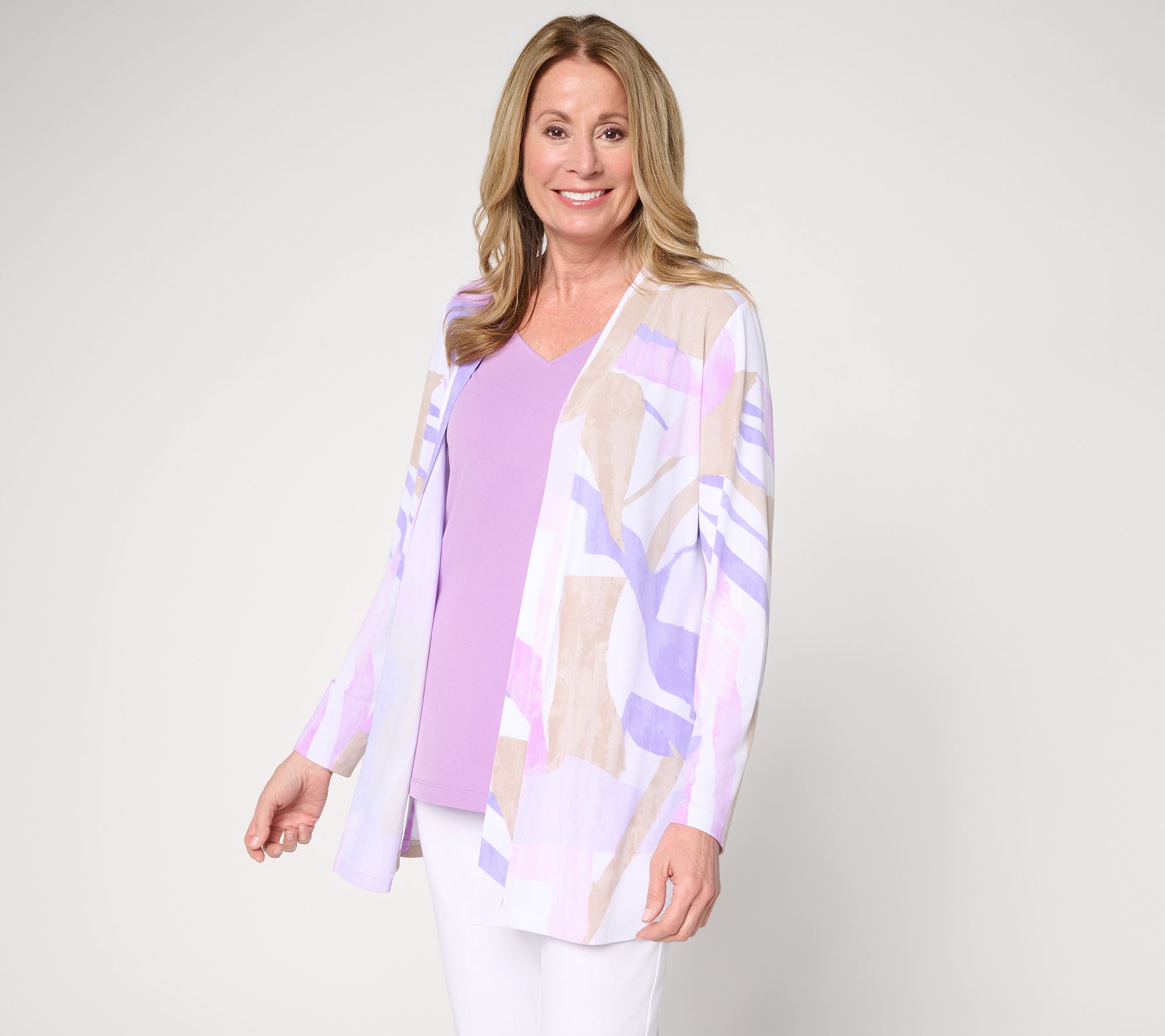 "As Is" Susan Graver Petite Printed Liquid Knit Cardigan Solid Tank Set