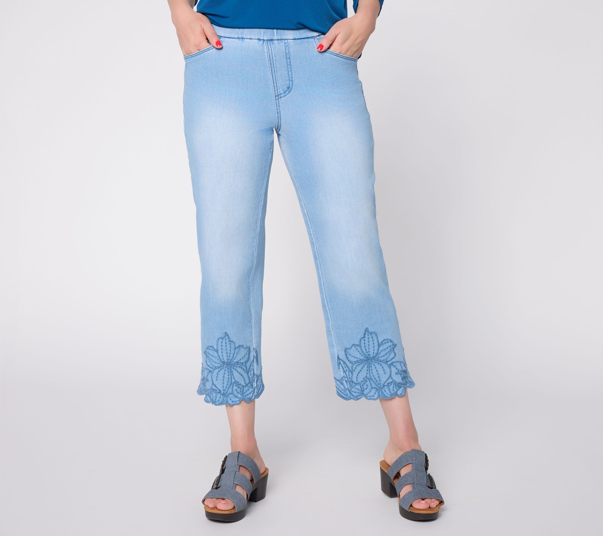 "As Is" Susan Graver Petite Stretch Denim Floral Embroidery Jean
