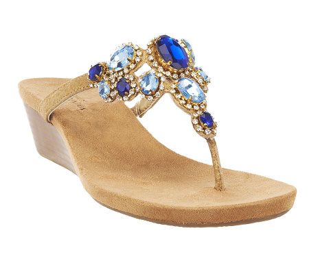 White Mountain Chrysalis Leather Thong Wedge Sandals w/ Rhinestones ...