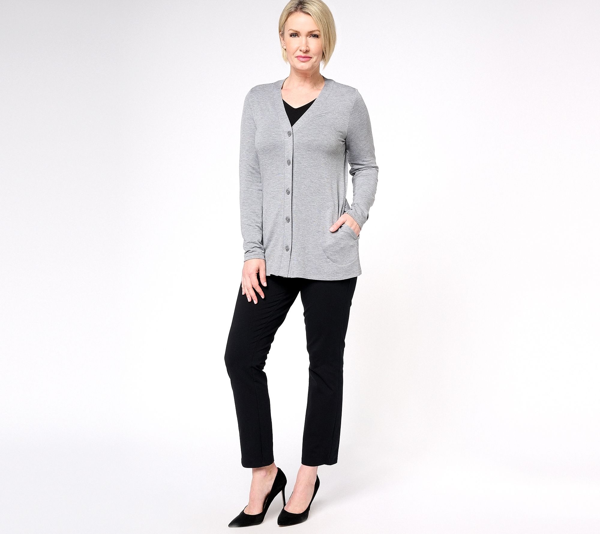 Susan Graver Weekend Textured Jersey Button-Front Tunic Cardigan - QVC.com