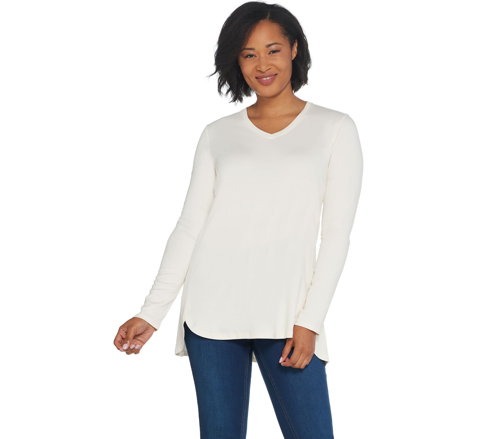 "As Is" Isaac Mizrahi Live Essentials Pima Cotton V-Neck Hi-Low Hem Top