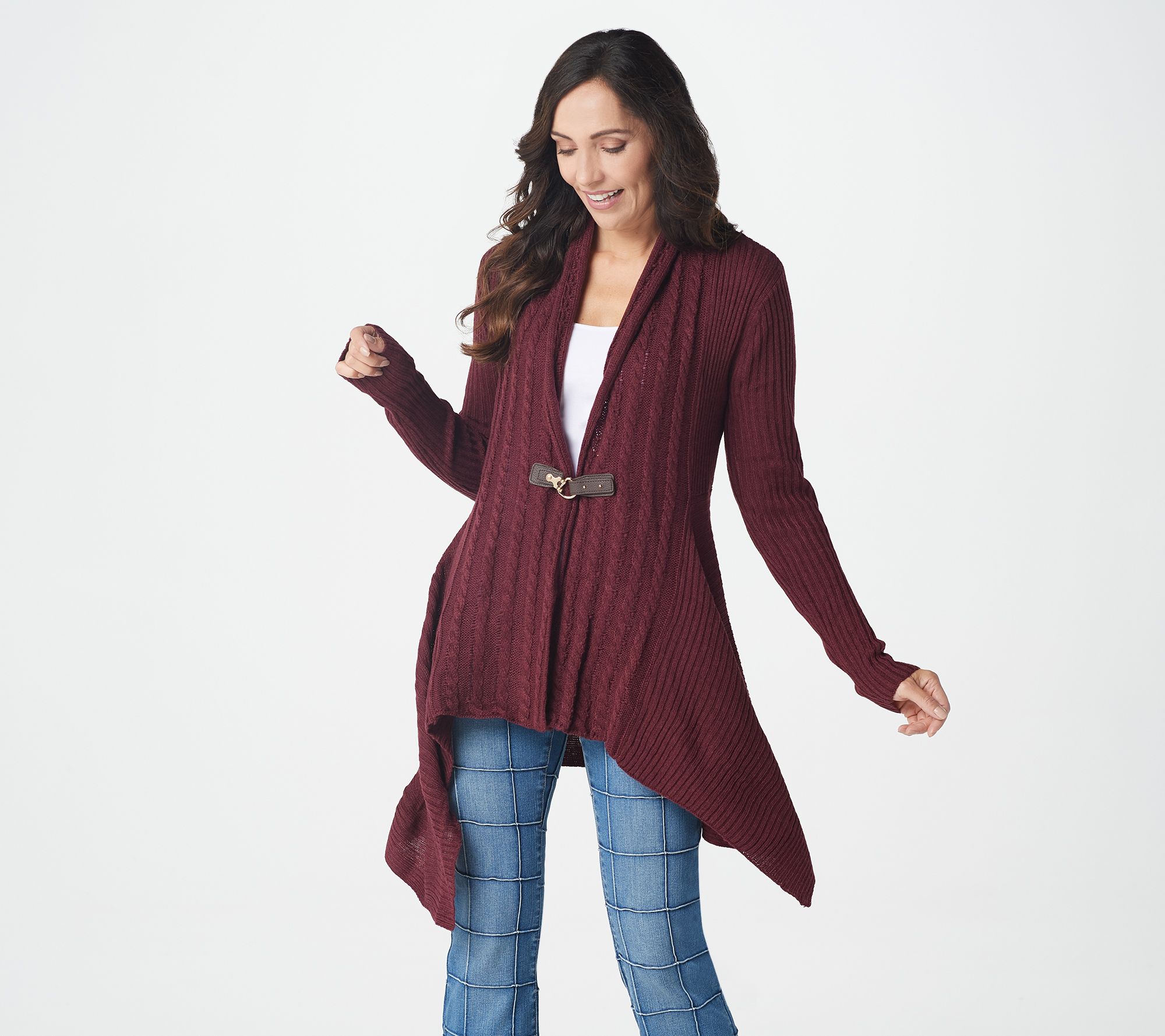 "As Is" Denim & Co. Cable Knit LongSleeve Cardigan with Buckle Closure