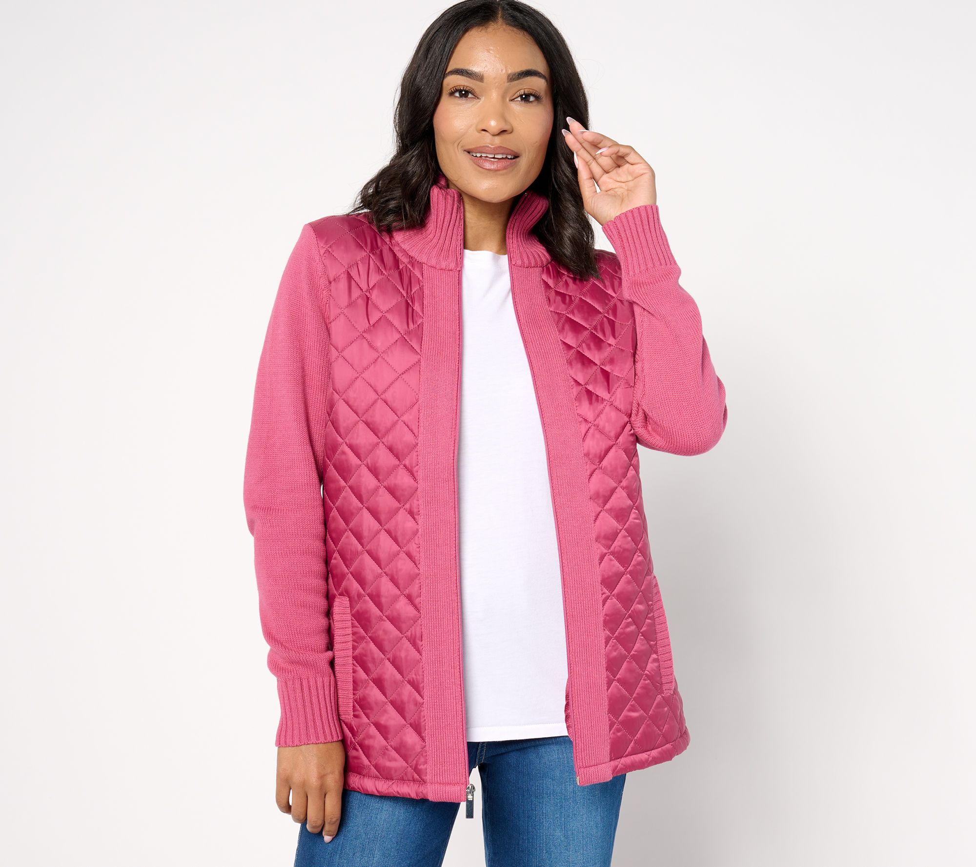 "As Is" Denim & Co. Quilted Woven-Front Sweater Jacket