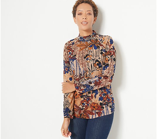 Susan Graver Printed Liquid Knit Mock-Neck Top with Button Detail