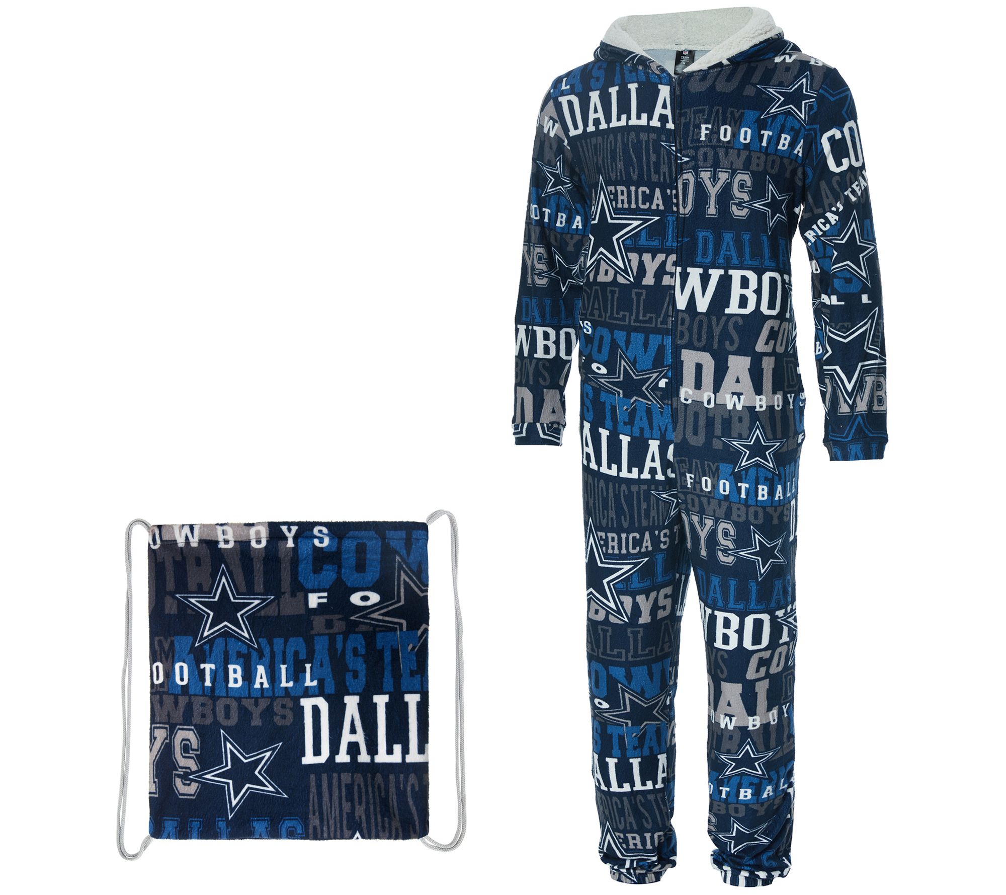 NFL Dallas Hooded Jumpsuit Ensemble With Cinch Bag 