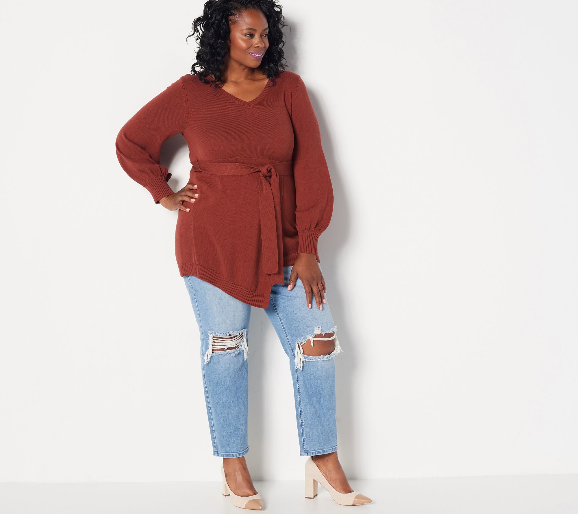 Girl With Curves Faux Wrap Sweater - QVC.com