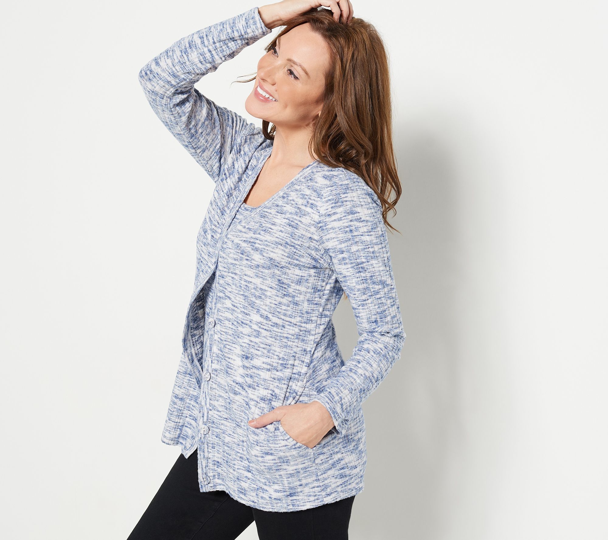 "As Is" Susan Graver Heather Brushed Rib Cardigan and Tank Set