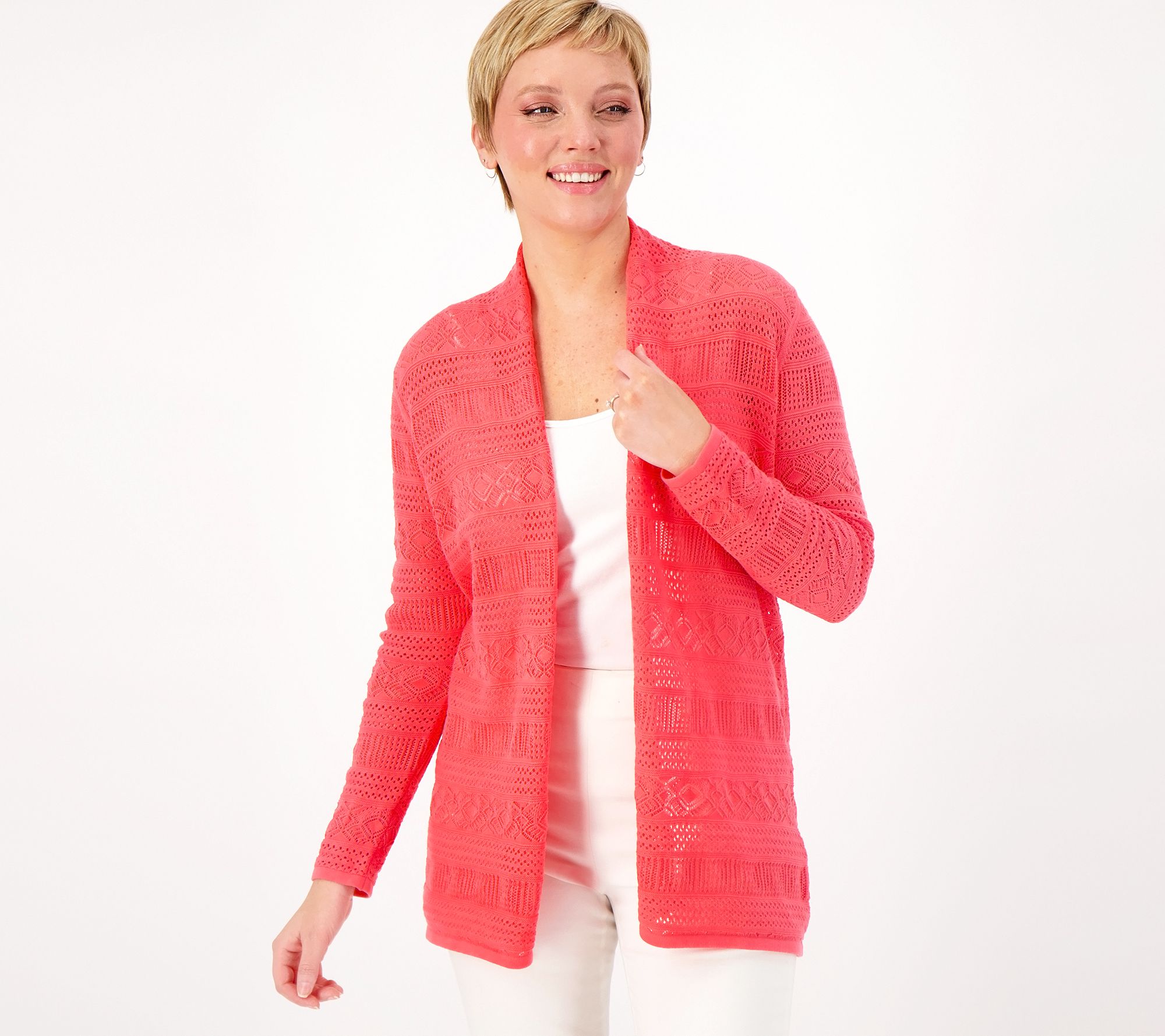 Joan Rivers Crochet Stripe Open Front Cardigan