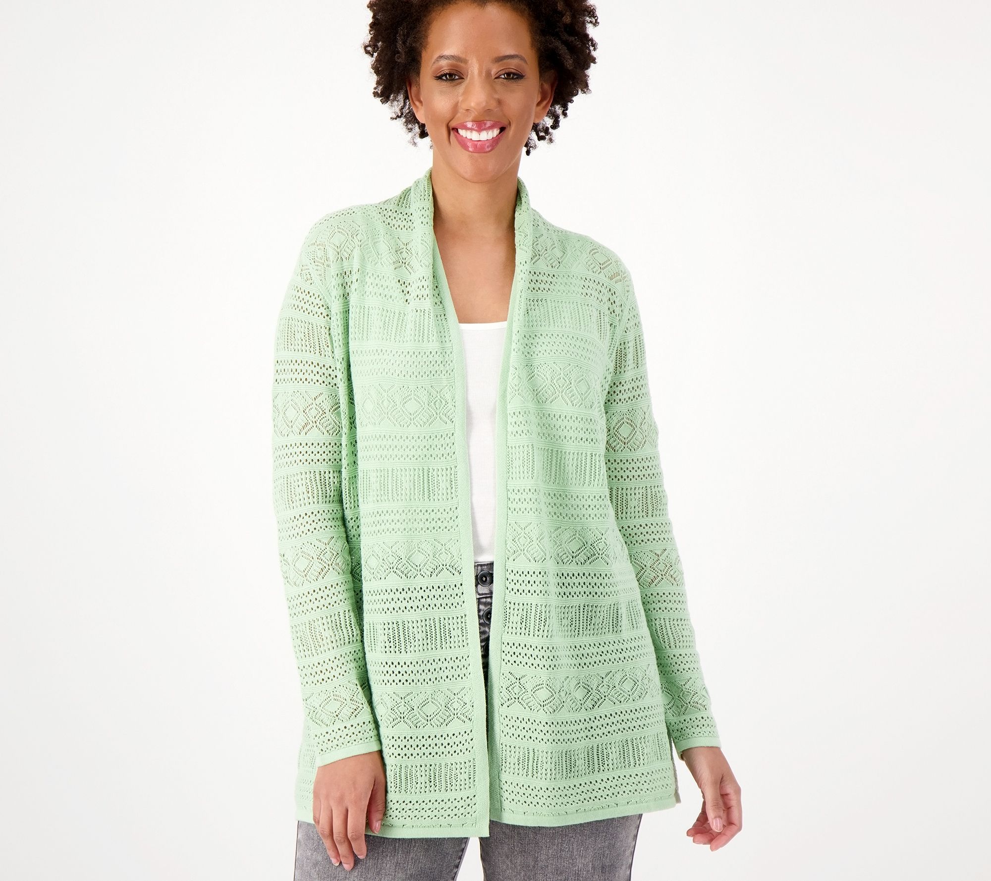 Joan Rivers Crochet Stripe Open Front Cardigan