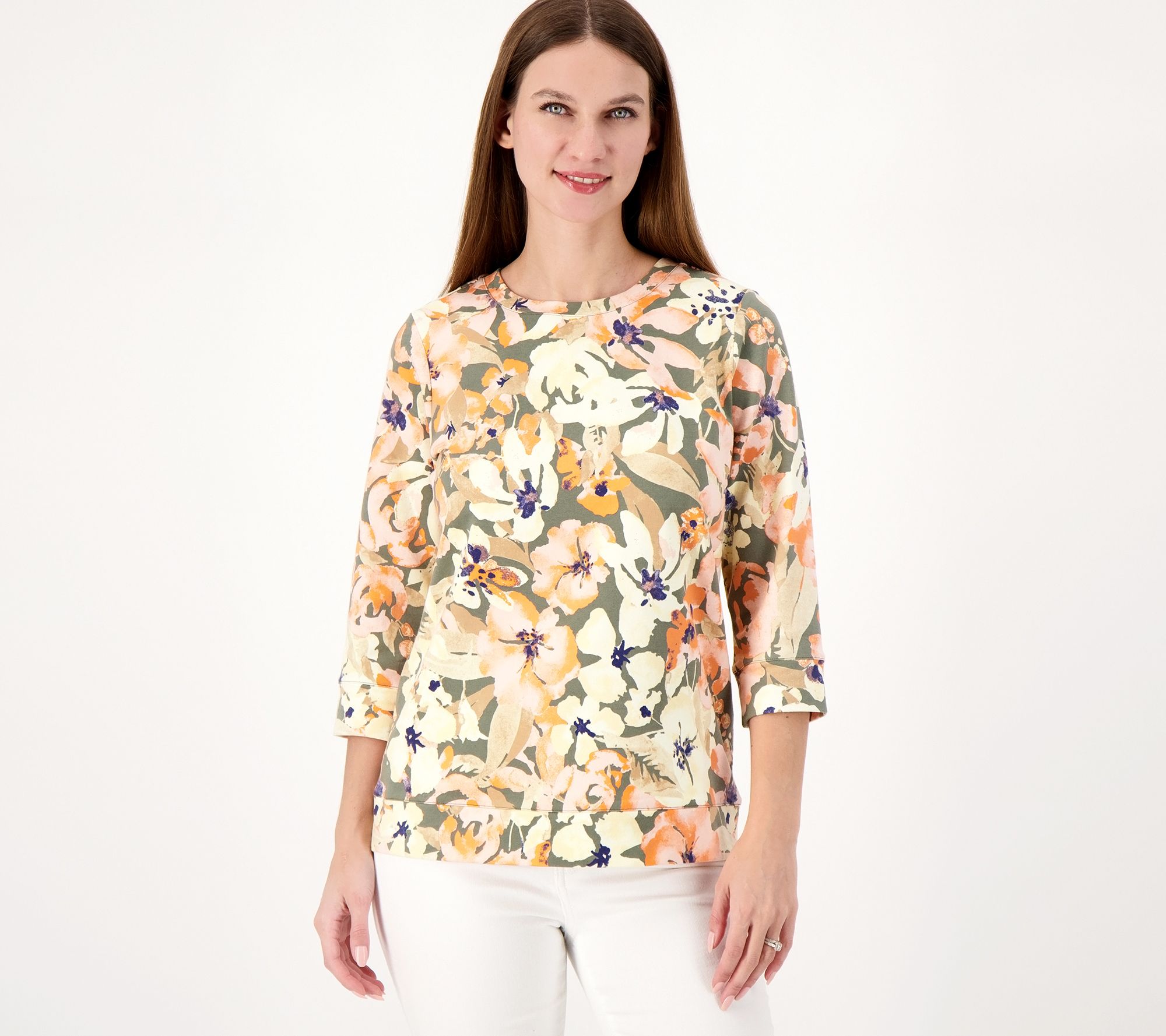 Denim & Co. Printed French Terry Crew Neck 3/4 Sleeve Top