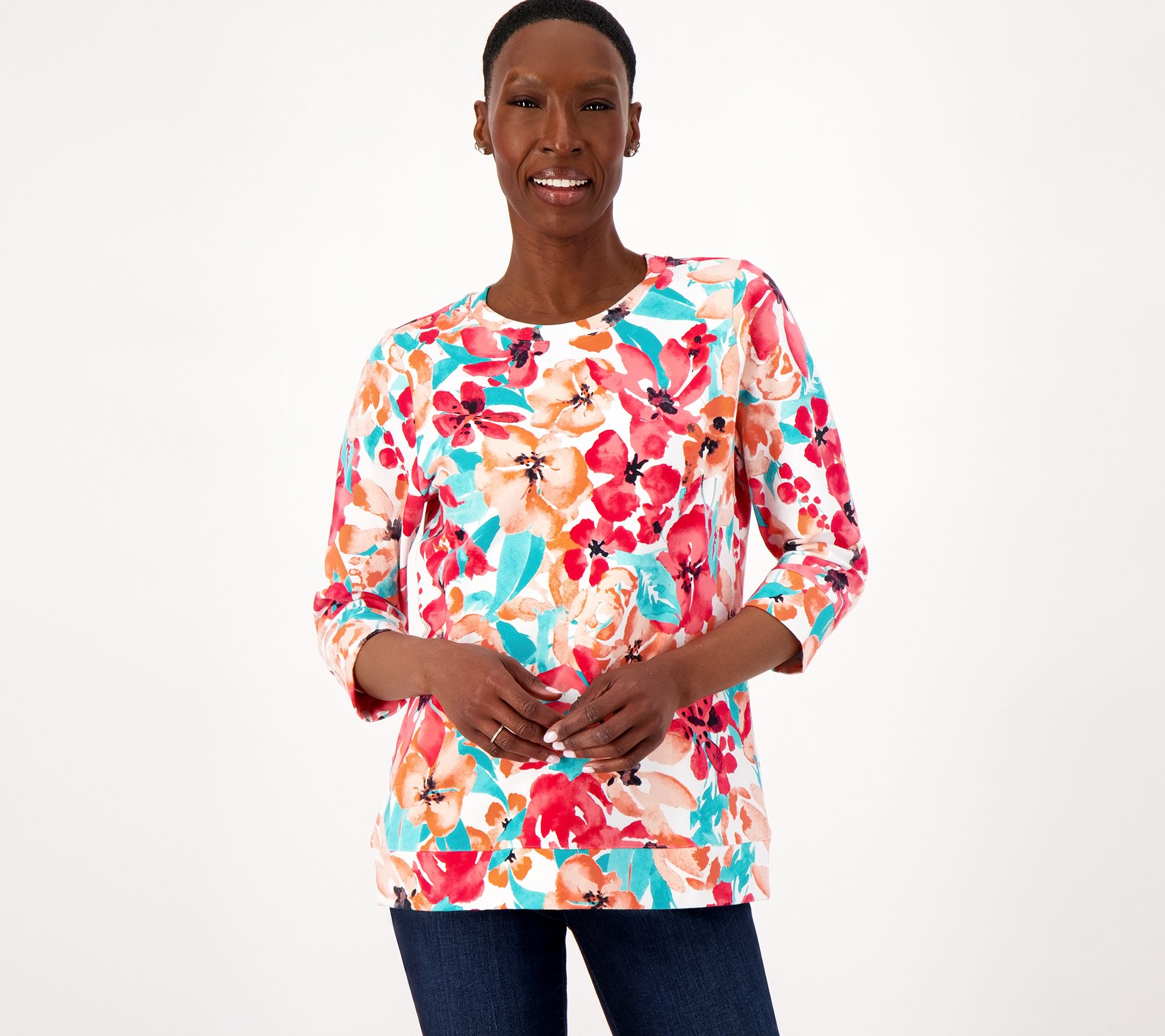 Denim & Co. Printed French Terry Crew Neck 3/4 Sleeve Top