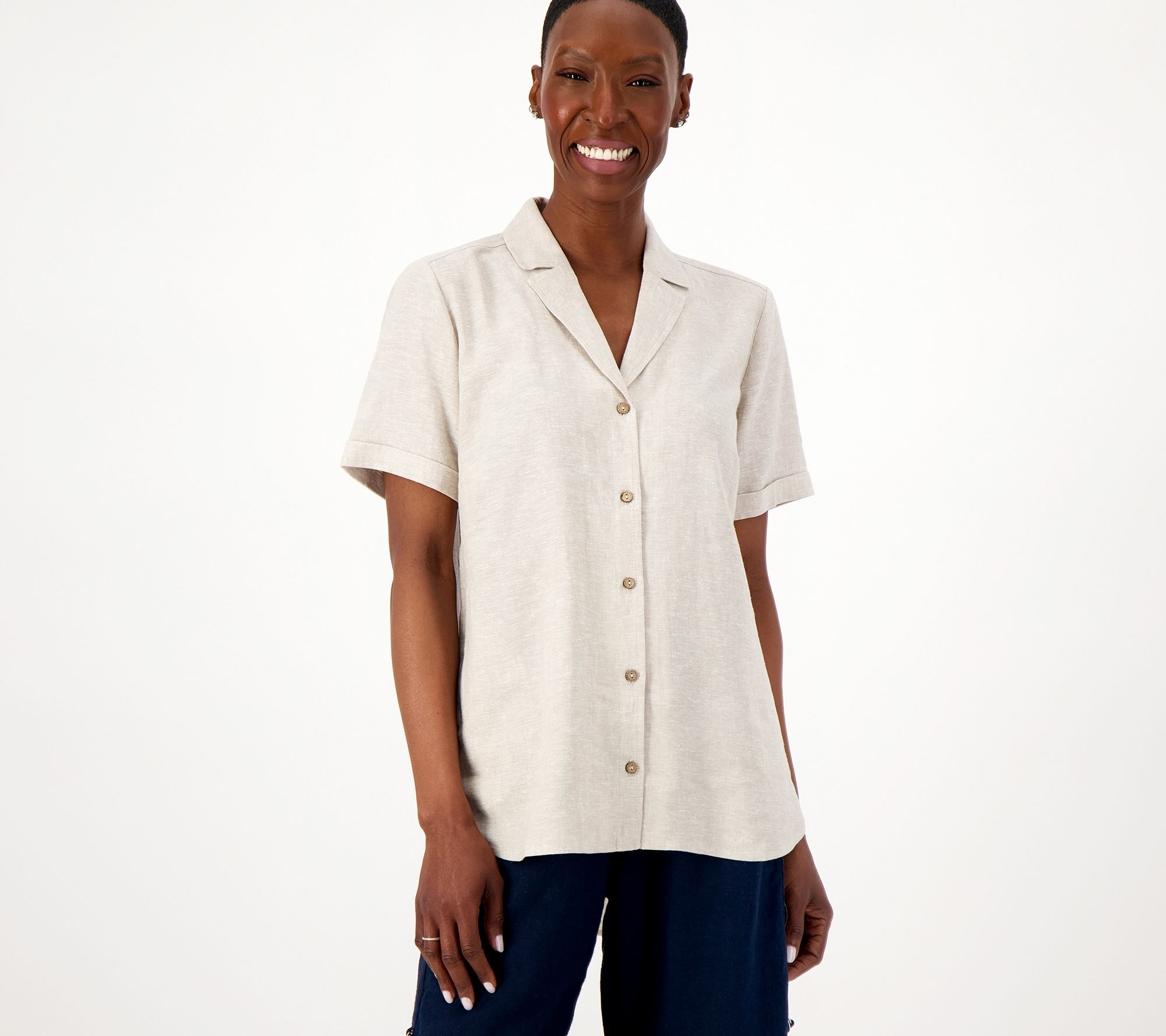 Susan Graver PURE Regular Linen Blend Button Front Shirt 