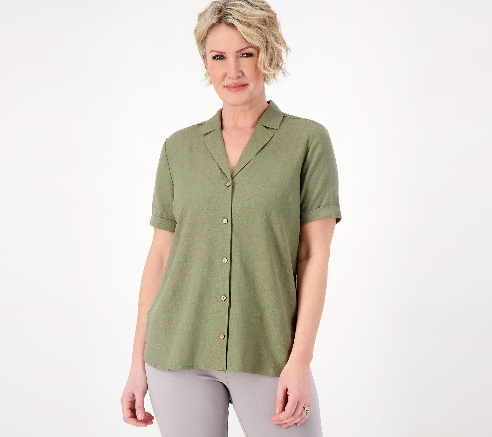Susan Graver PURE Regular Linen Blend Button Front Shirt