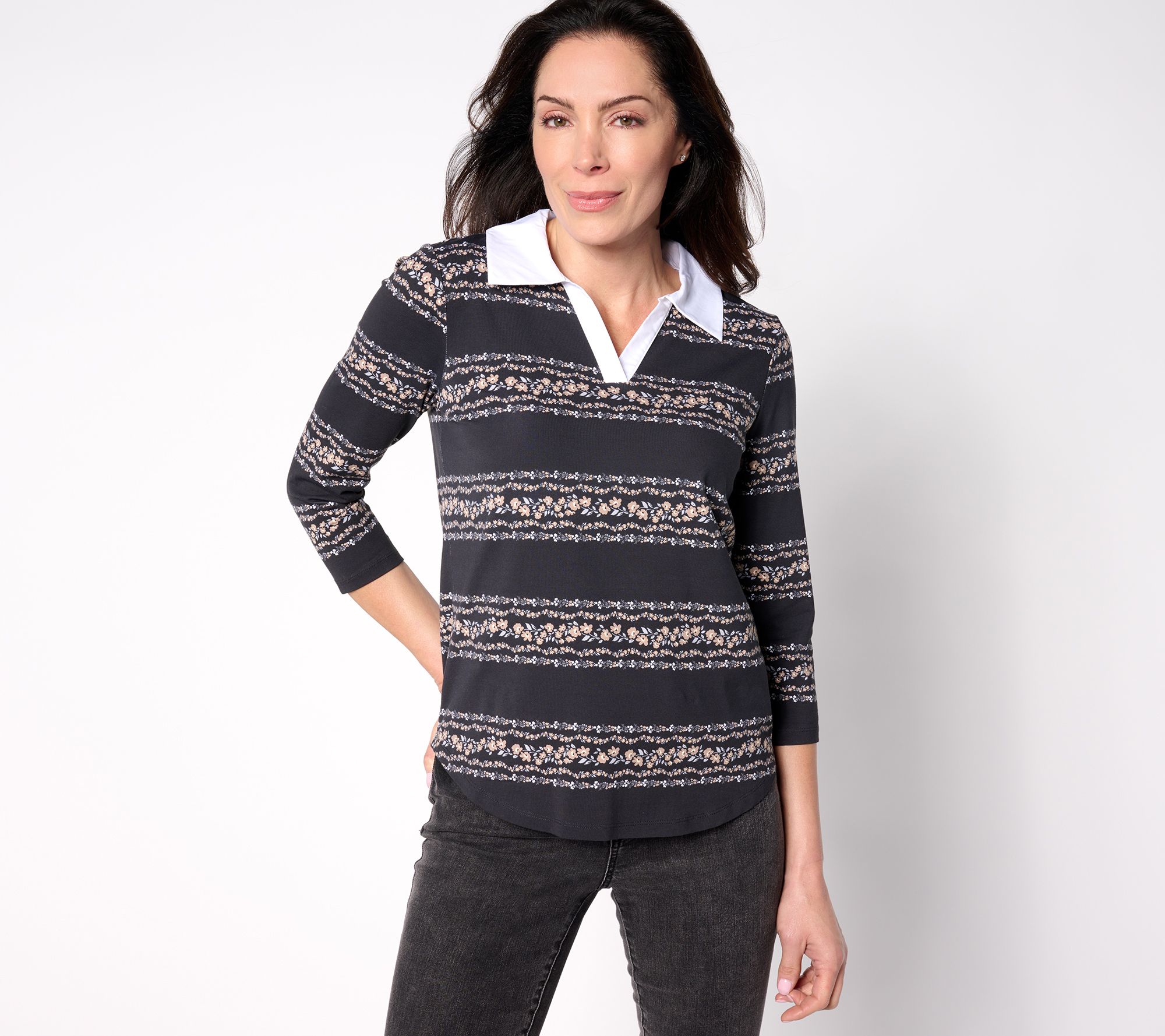 Isaac Mizrahi Live! Printed Floral Stripe 3/4 Sleeve Top w/ Poplin Trim