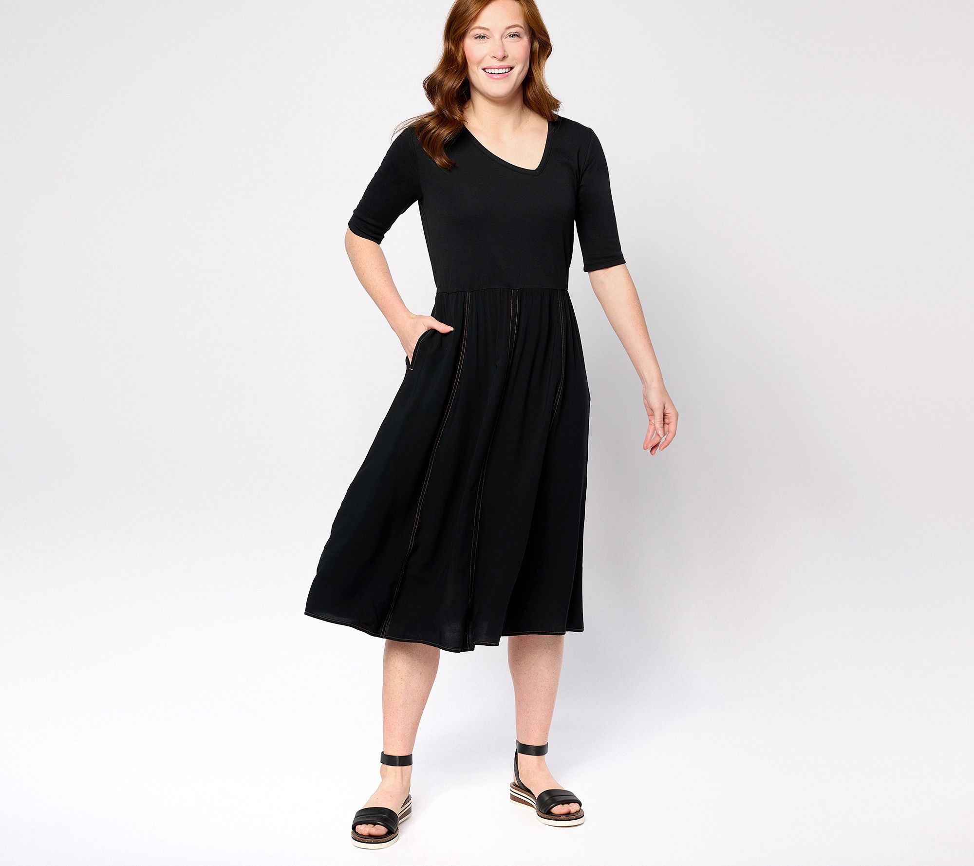 Peace Love World Regular Knit to Woven Asymmetric V-Neck Dress