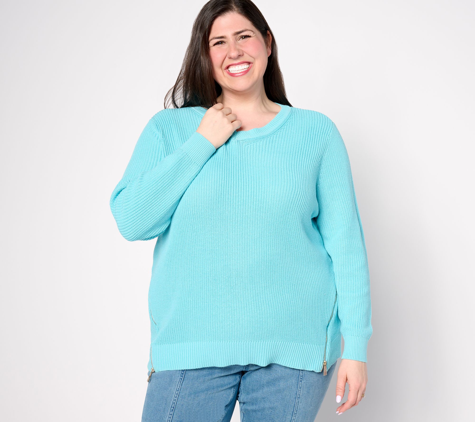 Belle by Kim Gravel Diagonal Signature Zip Shaker Knit Sweater