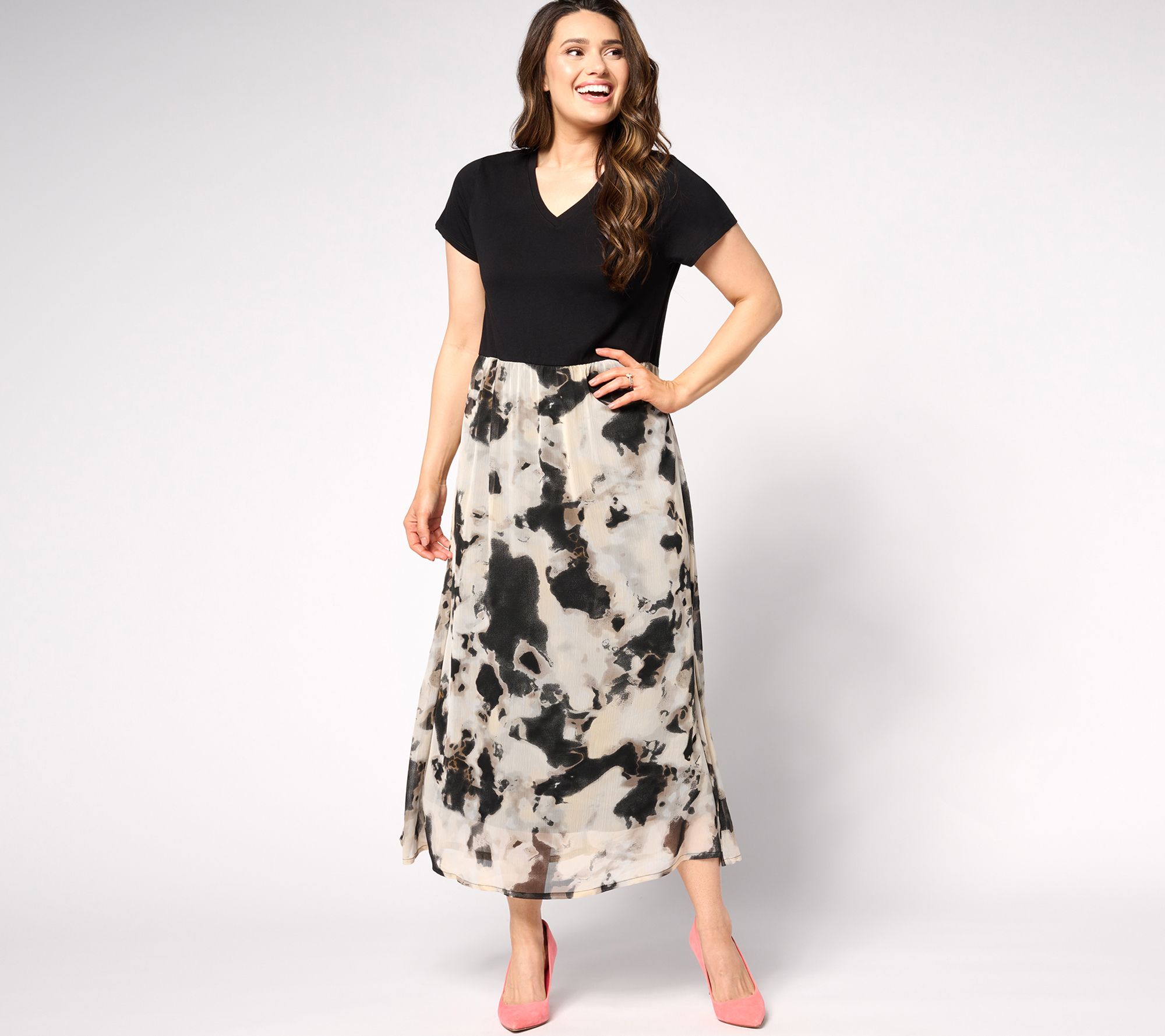 LOGO by Lori Goldstein Petite Print & Solid V-Neck Dress