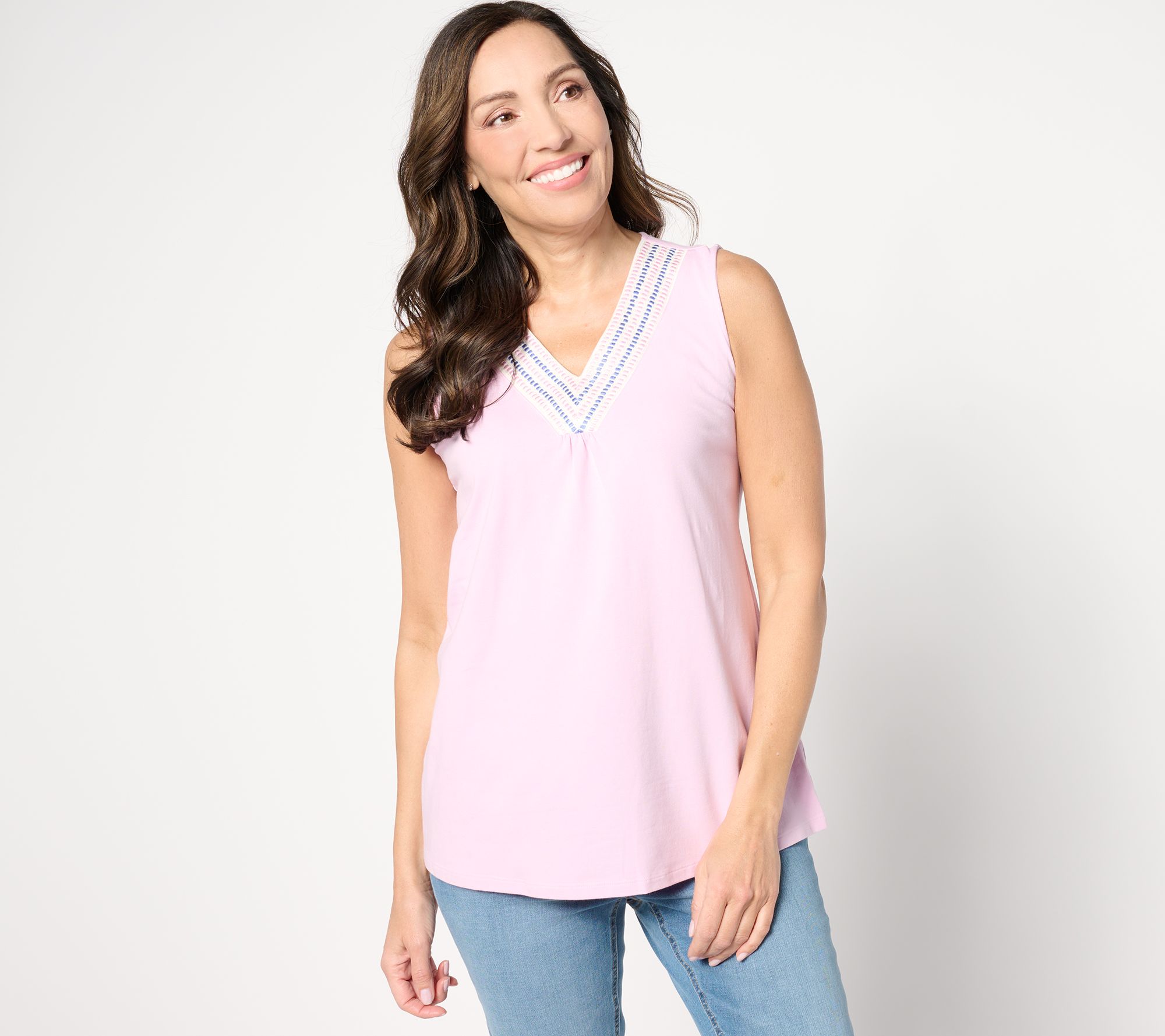 Denim & Co. Favorite Jersey Embroidered V-Neck Top