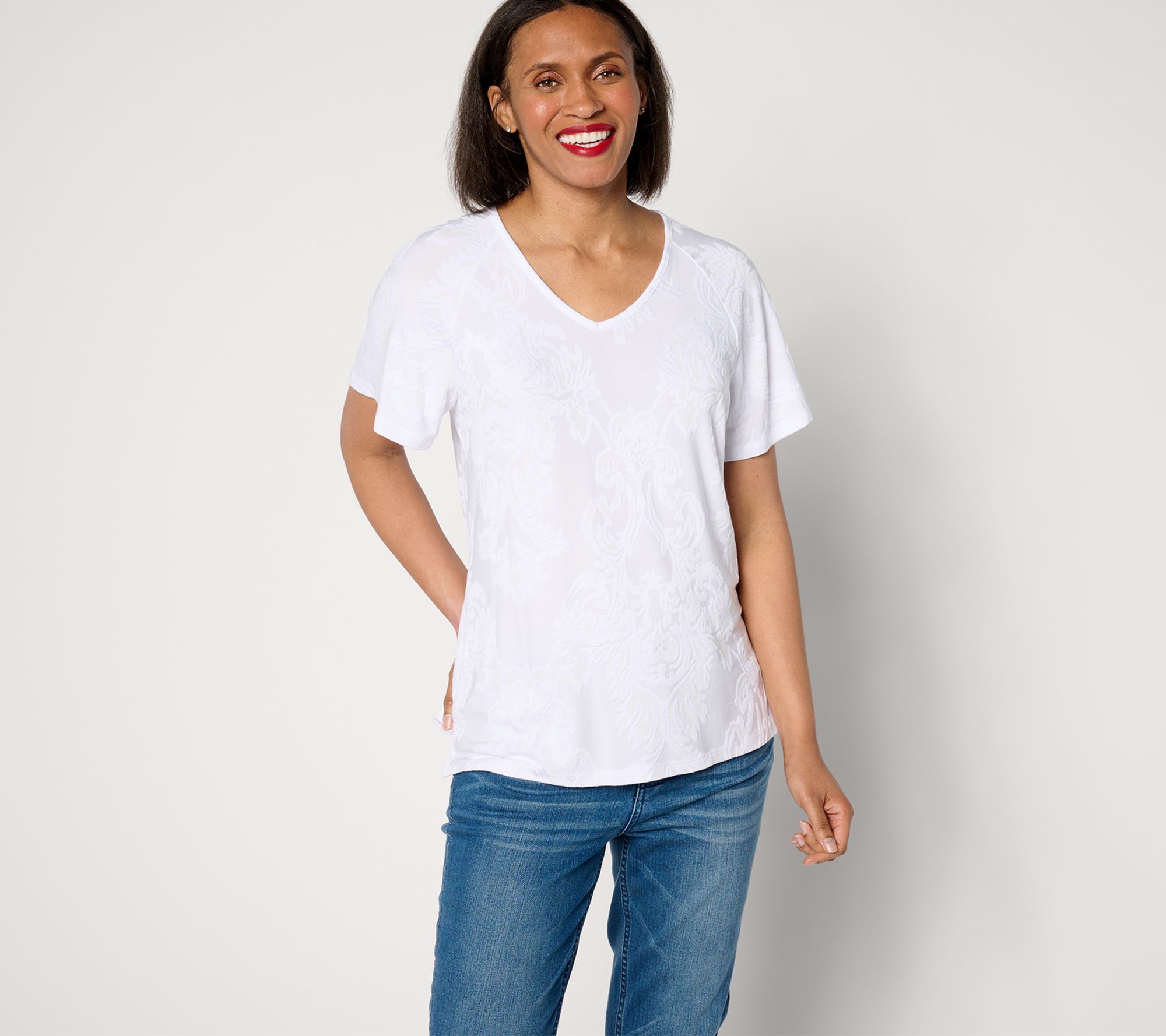Denim & Co. Knit Raglan Flutter-Sleeve V-Neck Top