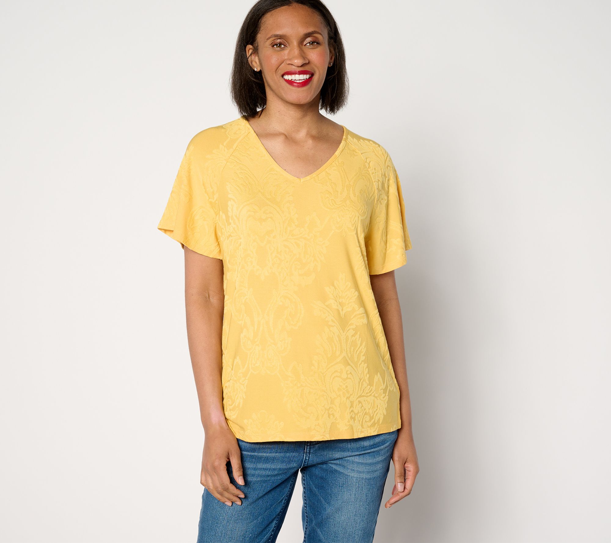 Denim & Co. Knit Raglan Flutter-Sleeve V-Neck Top