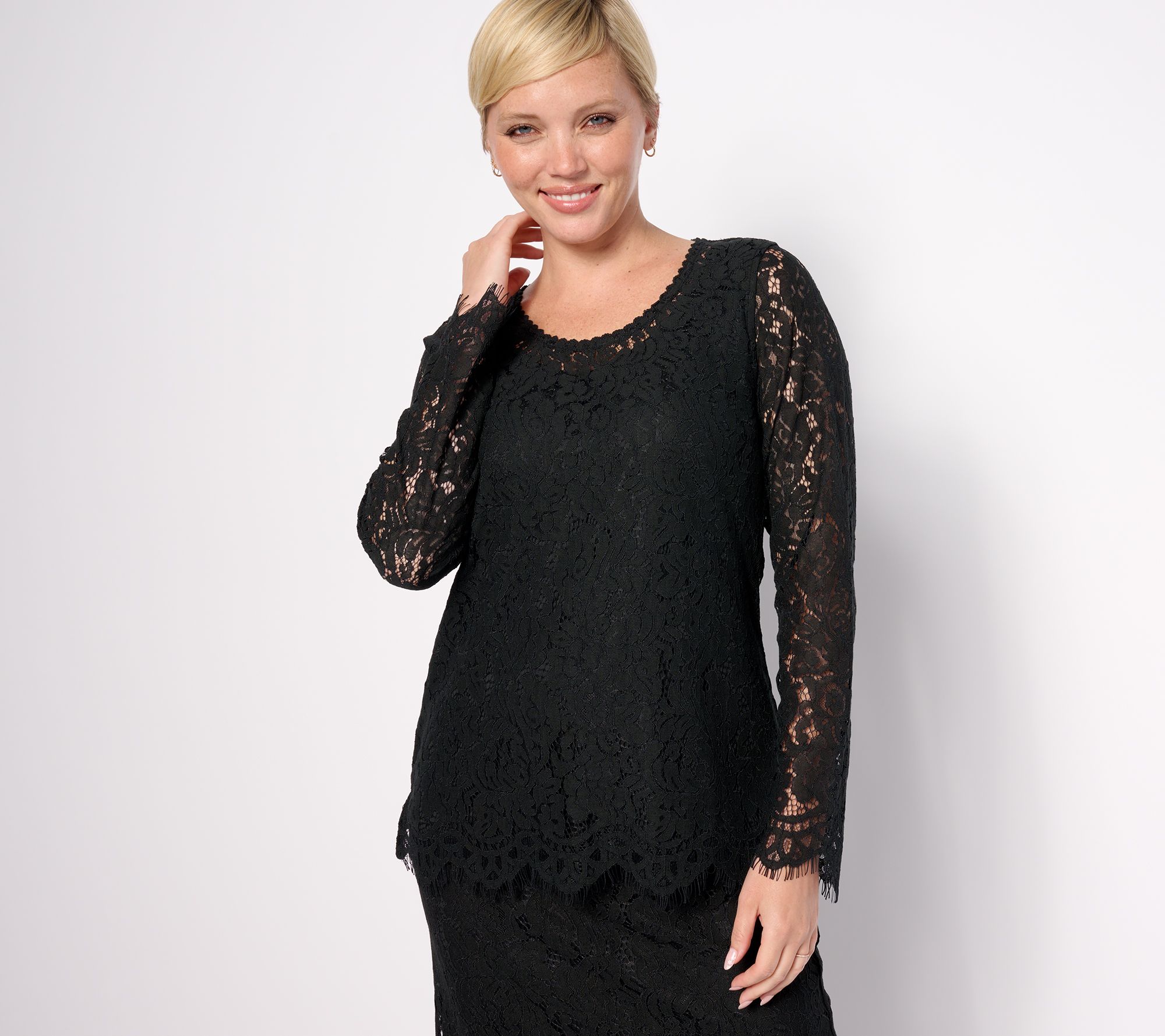 "As Is" Isaac Mizrahi Live! Stretch Knit Lace Long Sleeve Top