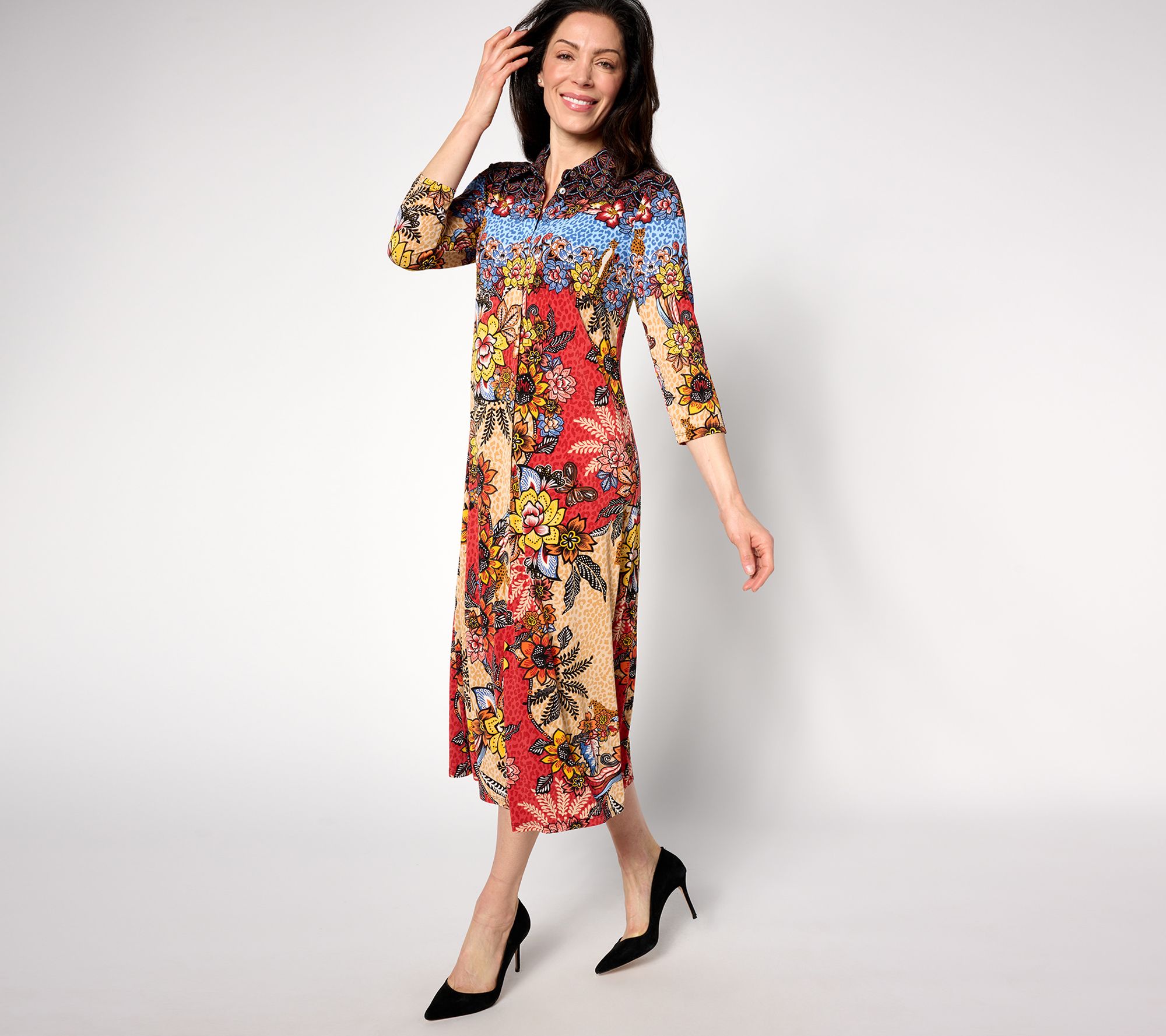 "As Is" Attitudes by Renee Petite Border Print Button Dress