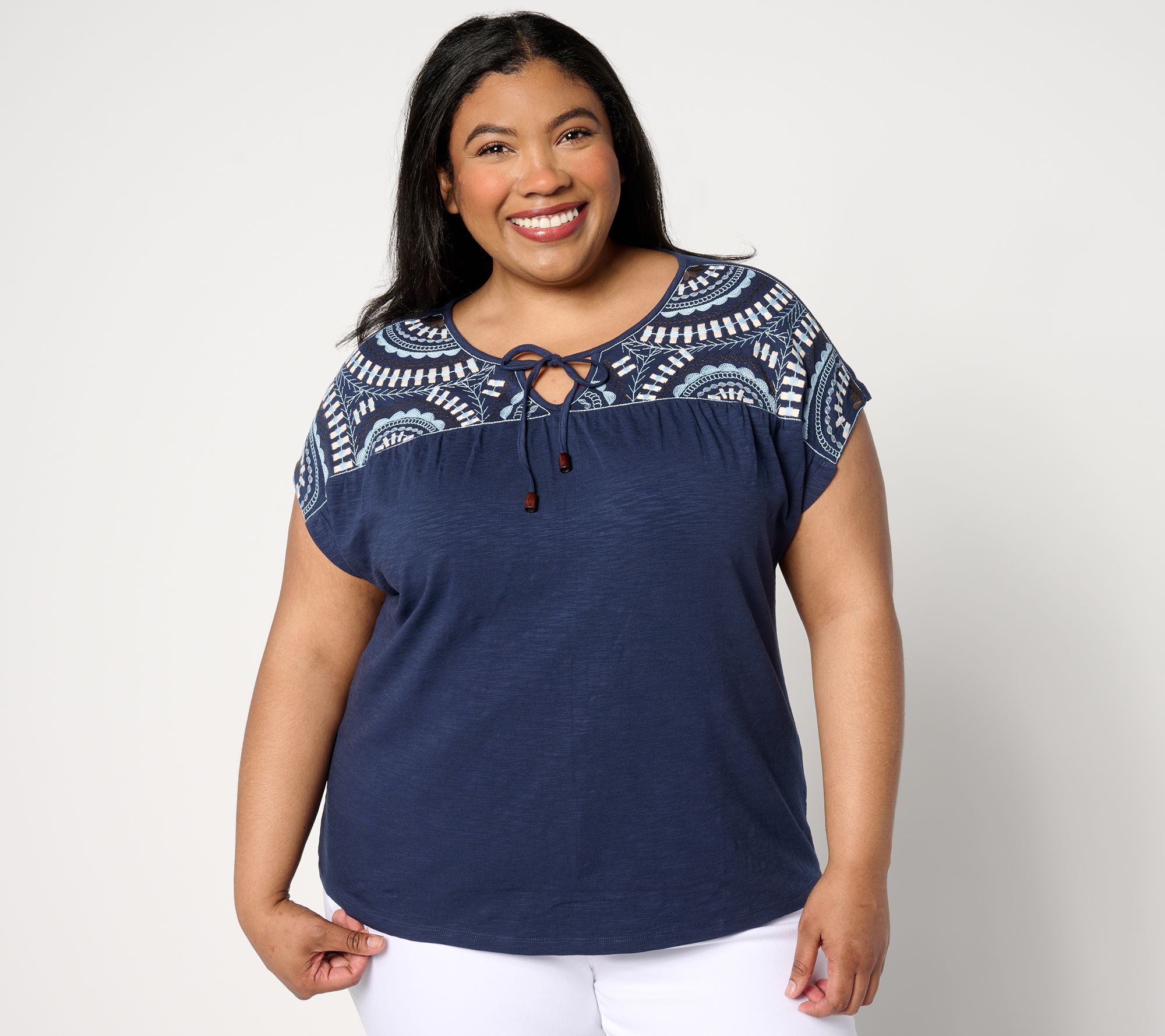 "As Is" Denim & Co. Textured Knit Dolman Sleeve Embroidered Top