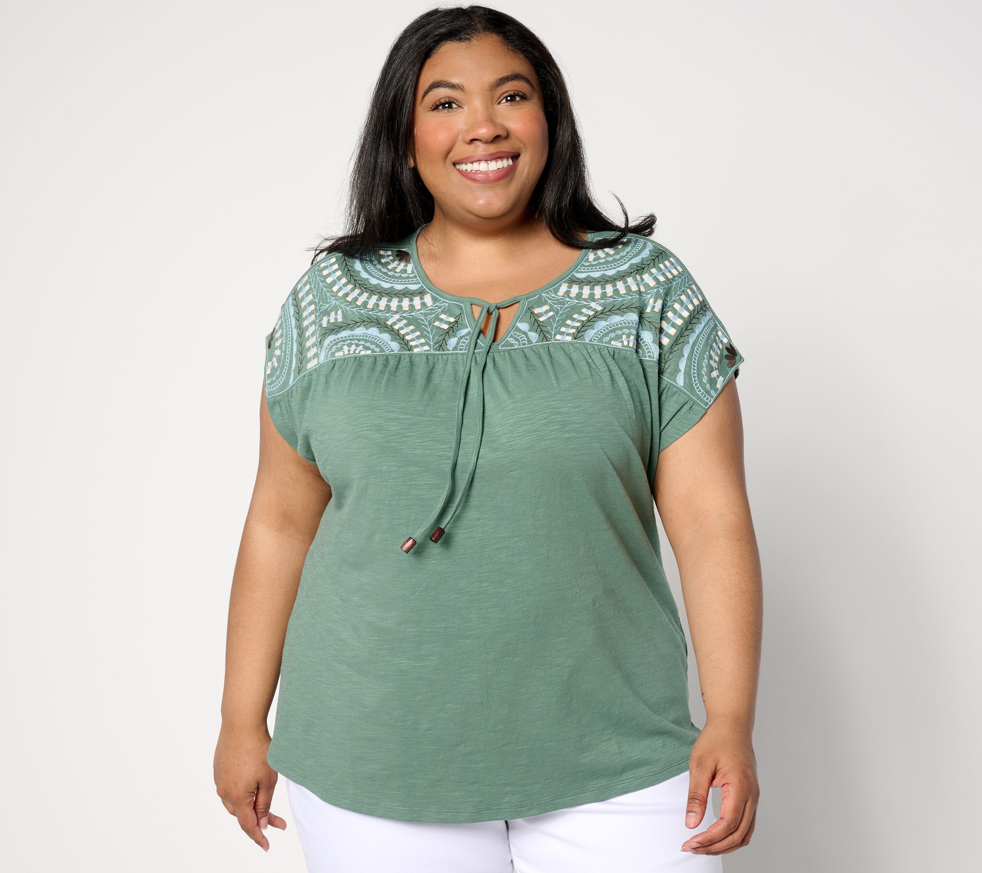 "As Is" Denim & Co. Textured Knit Dolman Sleeve Embroidered Top