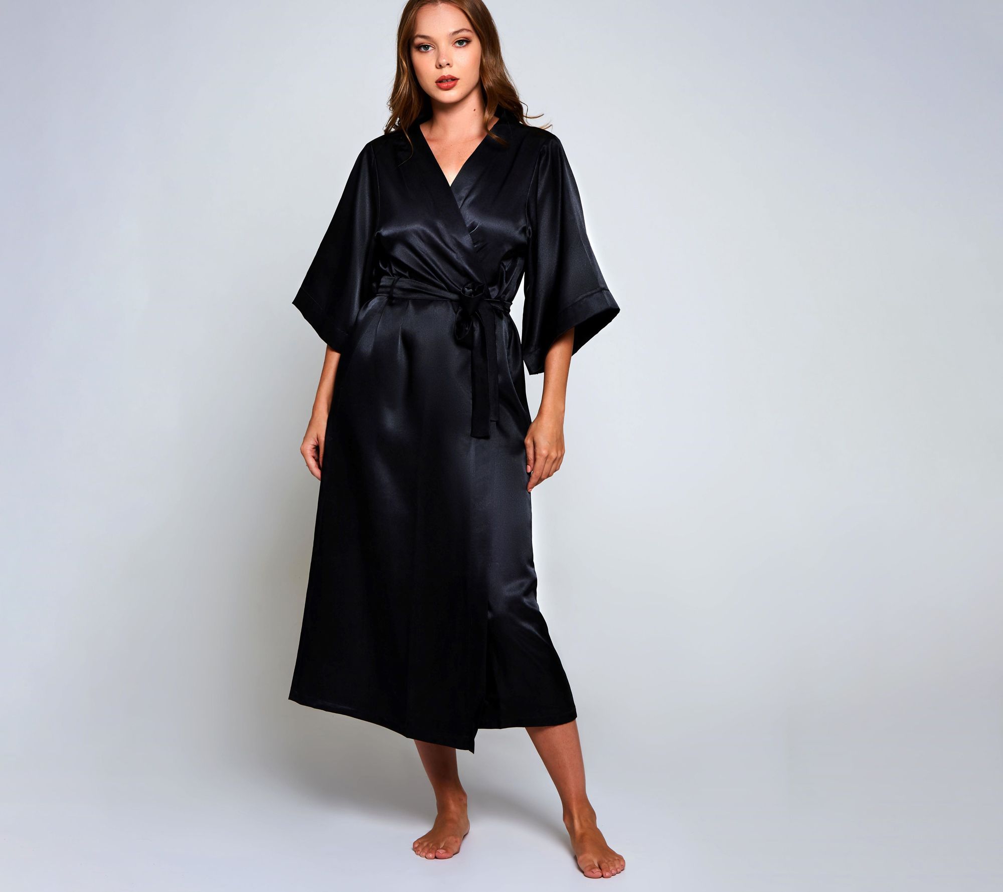 iCollection Satin Glossy Long Robe in Onyx Blac k