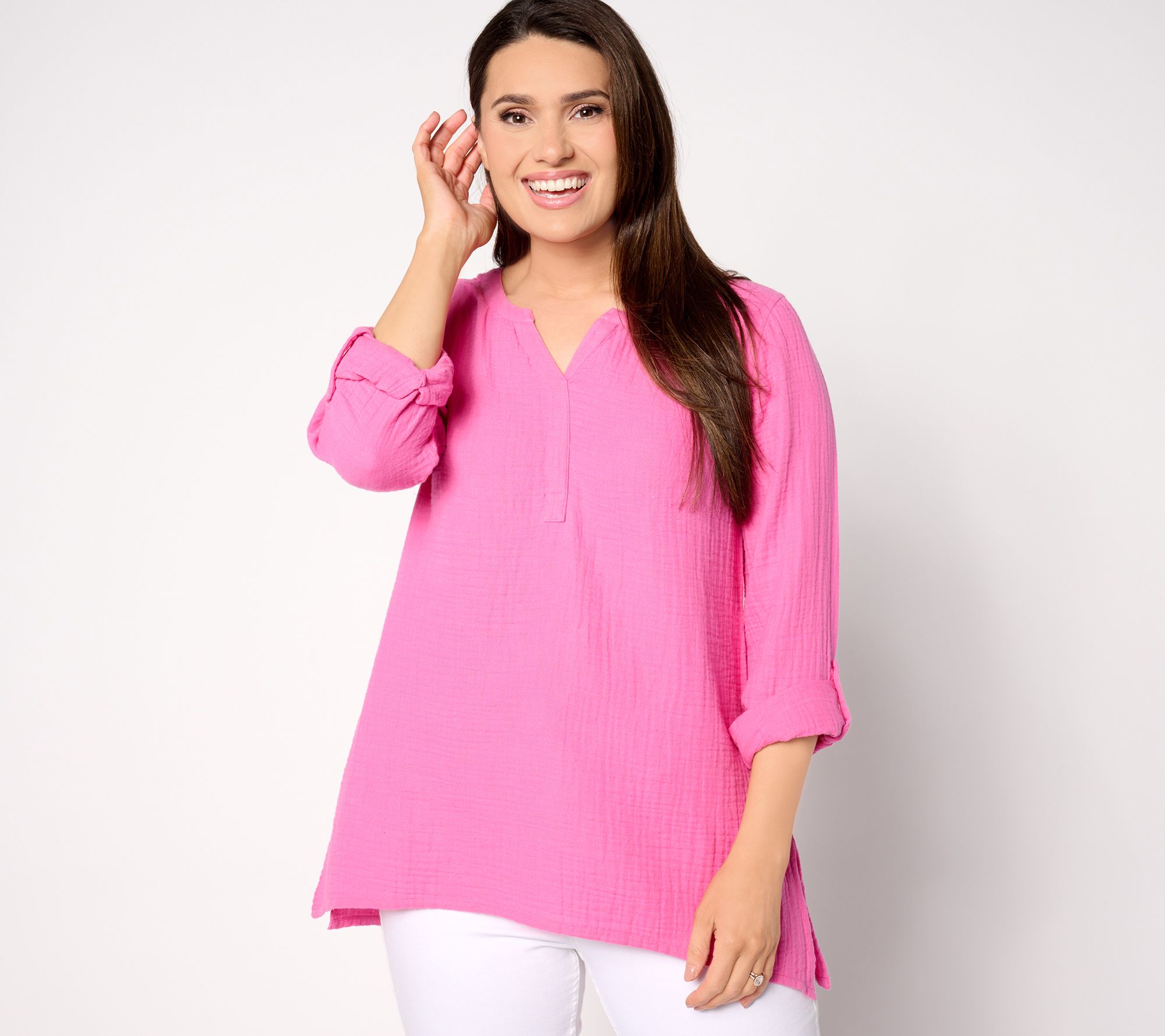 "As Is" Susan Graver PURE Petite Cotton Gauze Split- Neck Tunic
