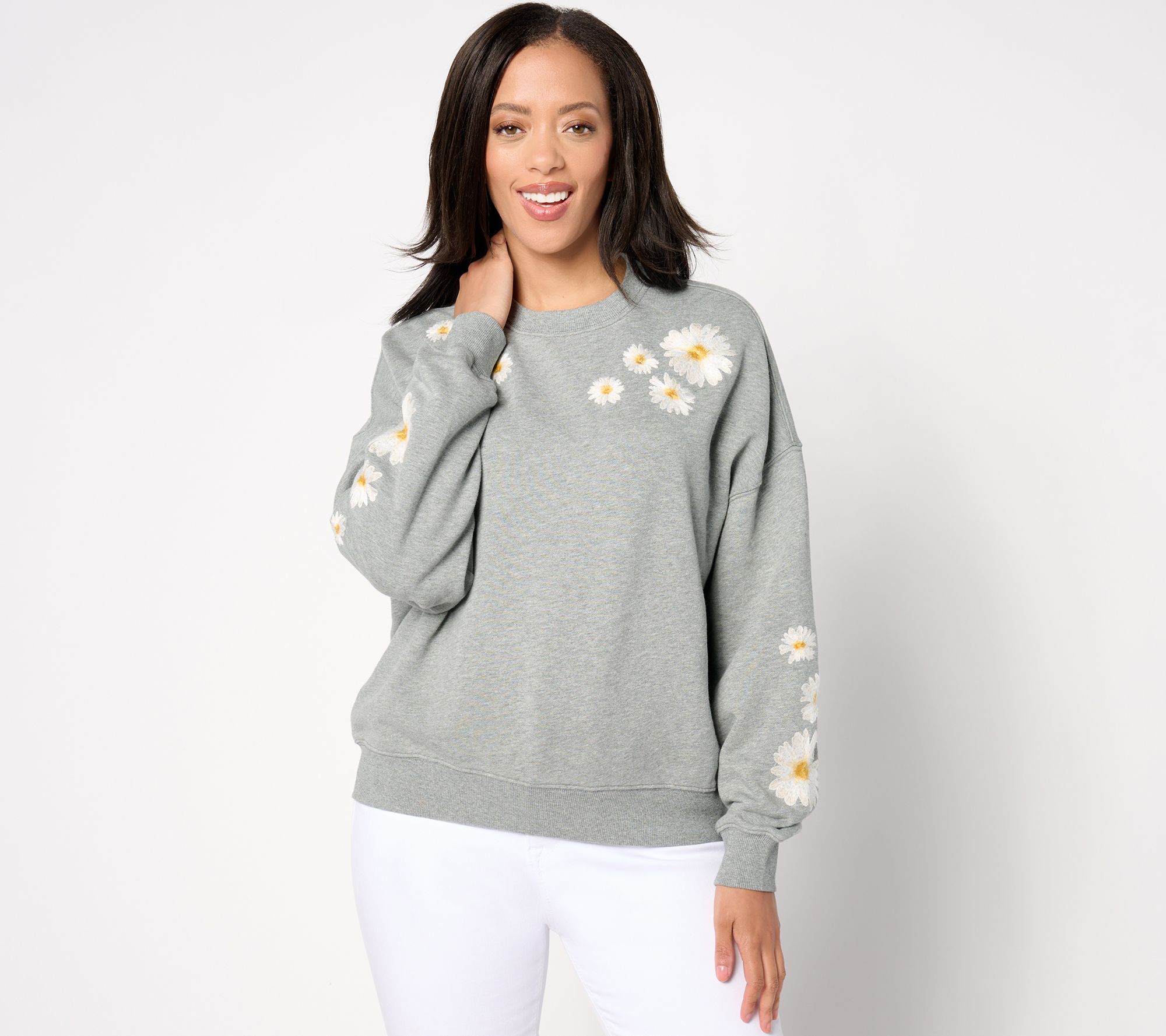 "As Is" Driftwood Jeans Teddy Crewneck Pullover- Daisy