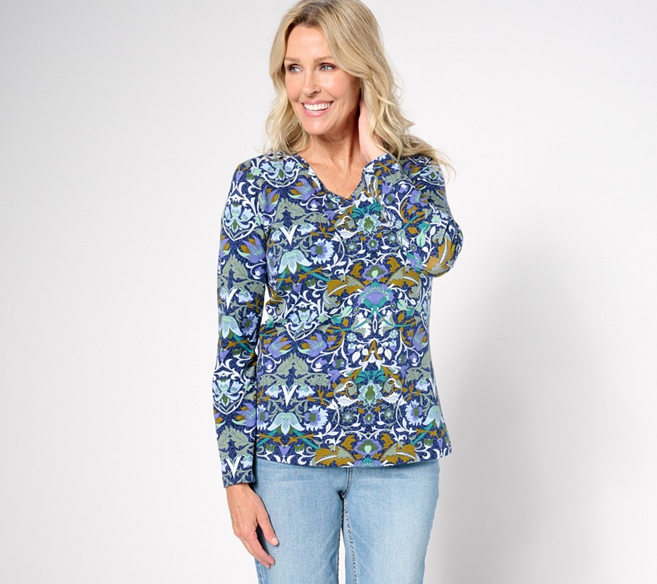 Denim & Co. Favorite Jersey Printed Long Sleeve V-Neck Top
