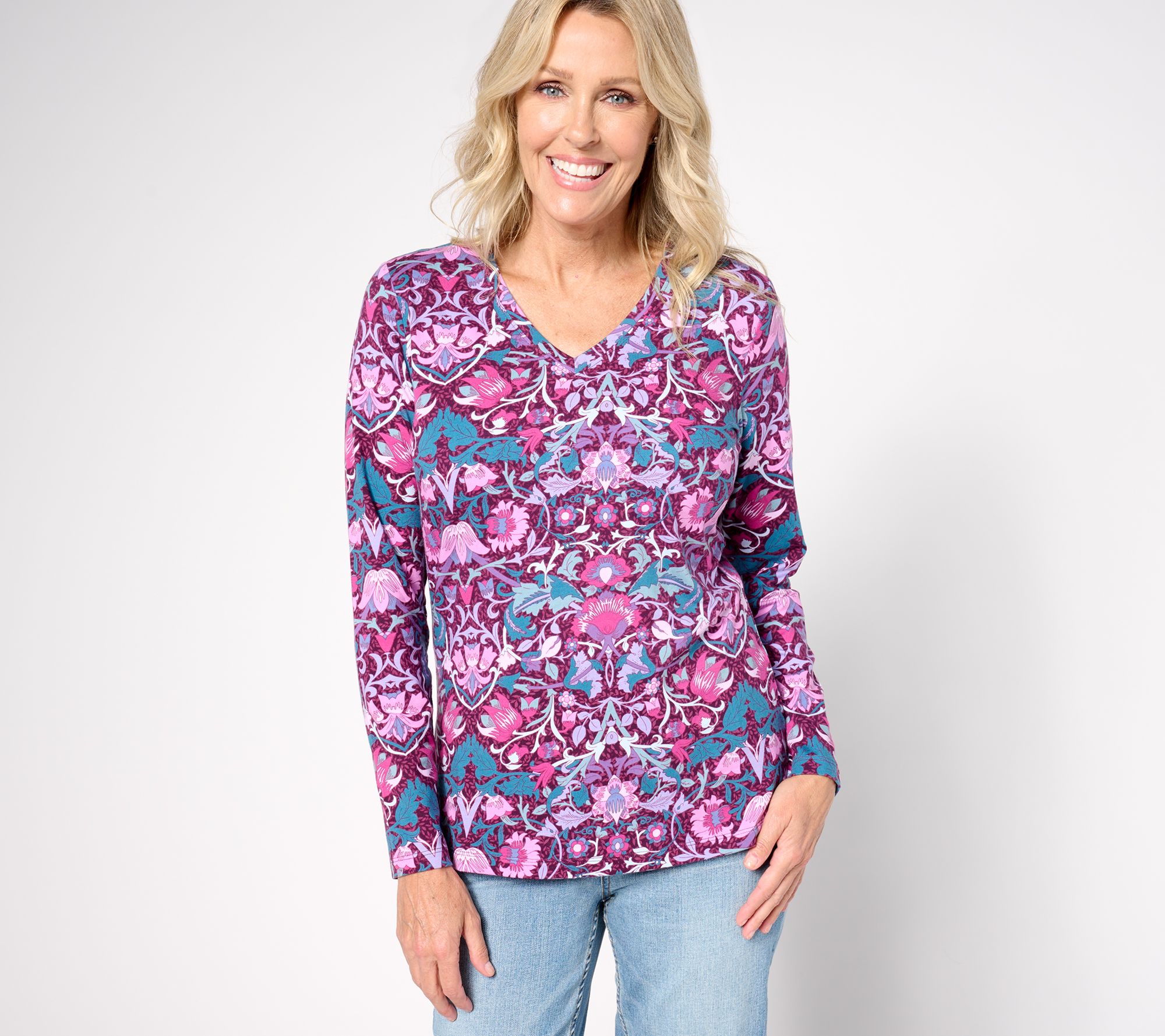 Denim & Co. Favorite Jersey Printed Long Sleeve V-Neck Top