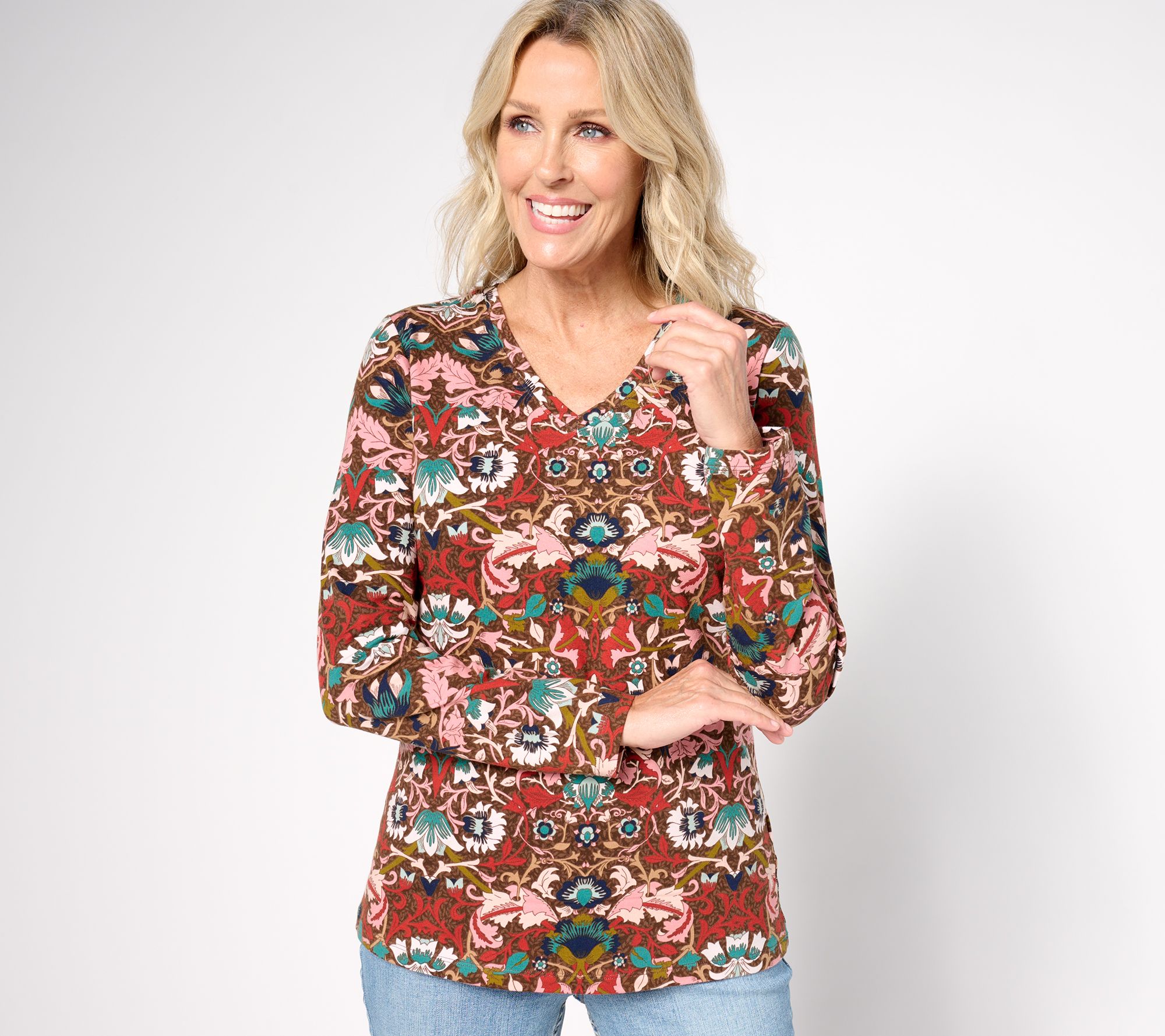 Denim & Co. Favorite Jersey Printed Long Sleeve V-Neck Top