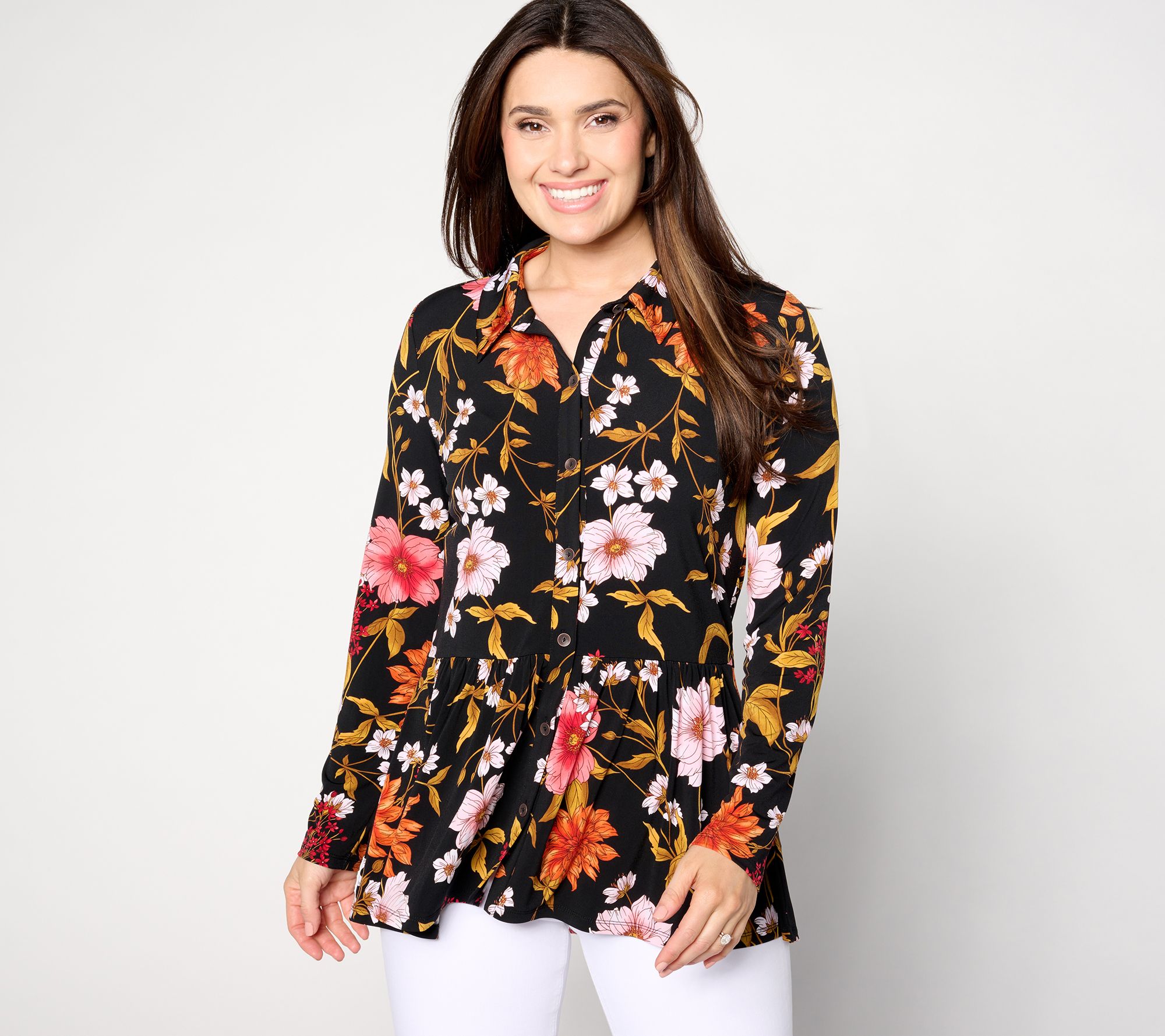 "As Is" Susan Graver Petite Printed Liquid Knit Romantic Peplum Cardigan