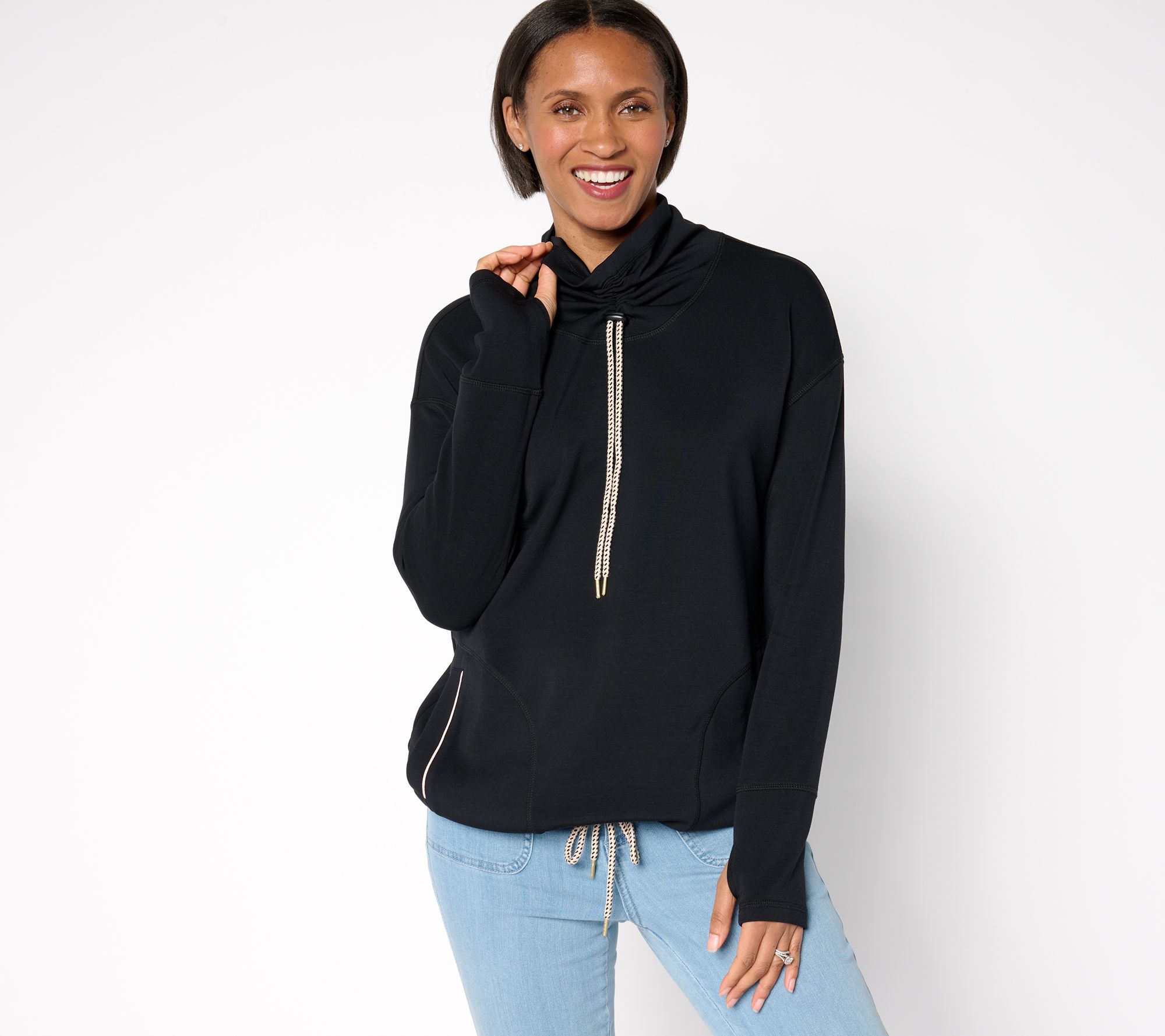 Belle by Kim Gravel ScubaLuxe Ruched Mock Neck w/ Pockets