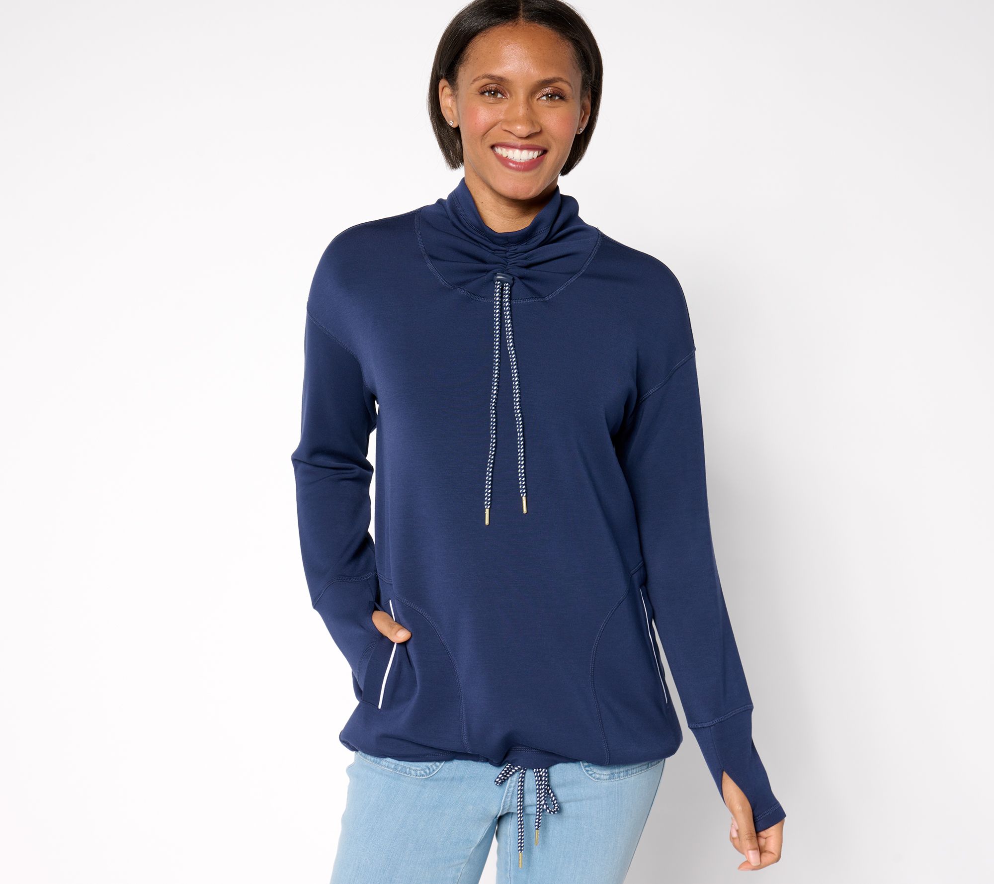 Belle by Kim Gravel ScubaLuxe Ruched Mock Neck w/ Pockets