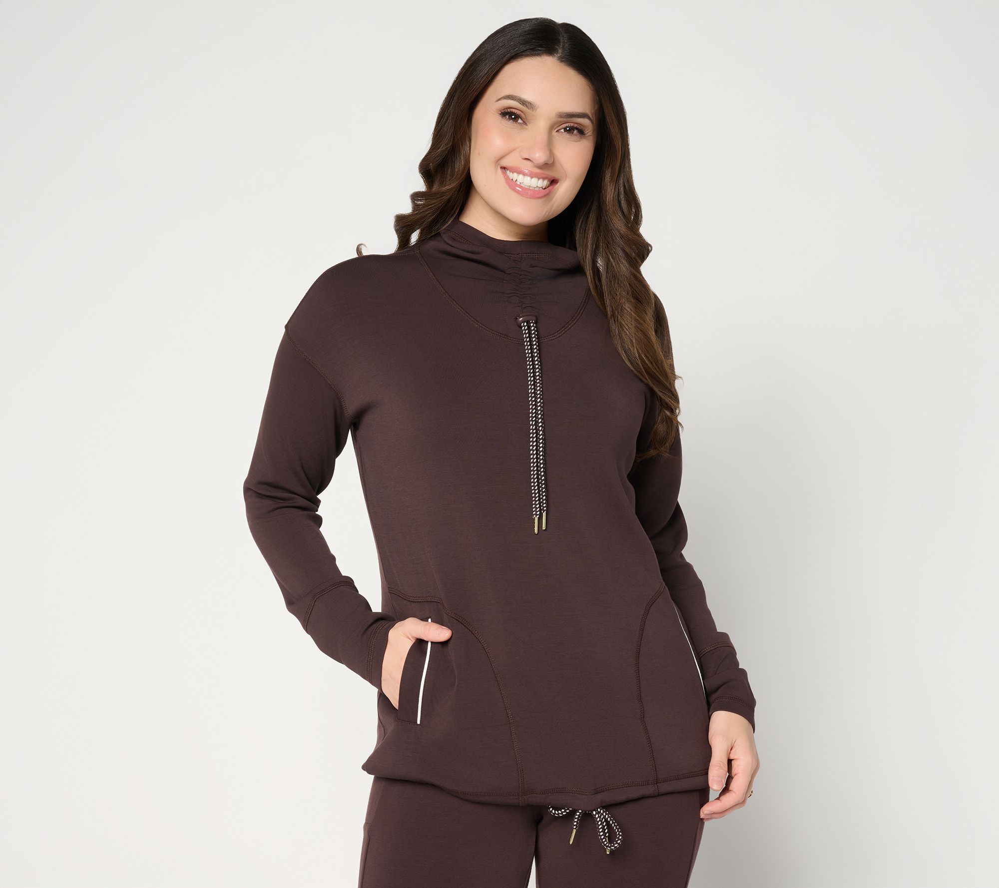 Belle by Kim Gravel ScubaLuxe Ruched Mock Neck w/ Pockets